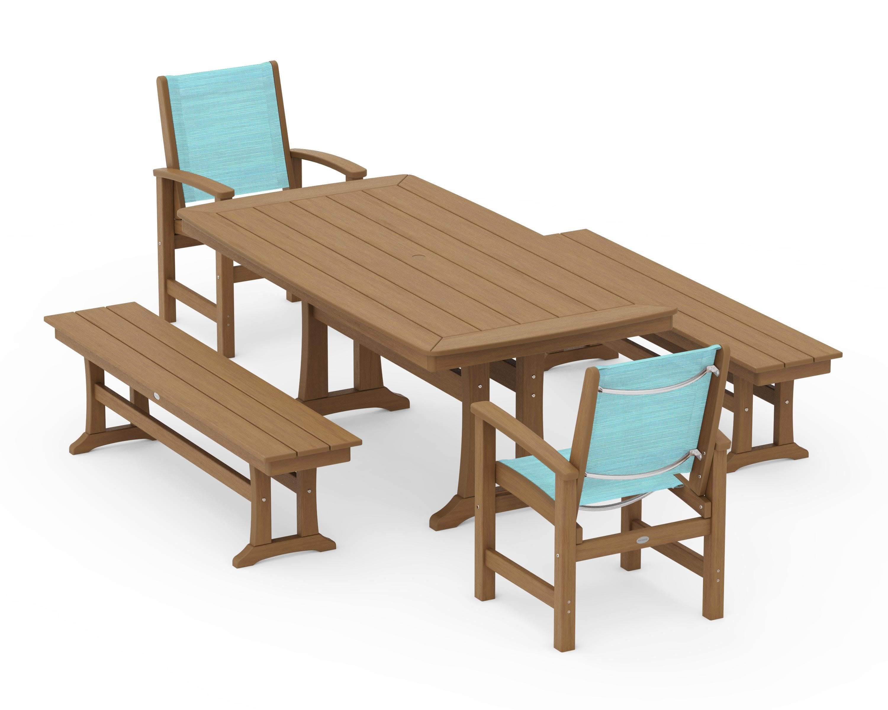 Coastal 5-Piece Dining Set with Trestle Legs and Benches in Natural / Dupioni Aquamarine Sling