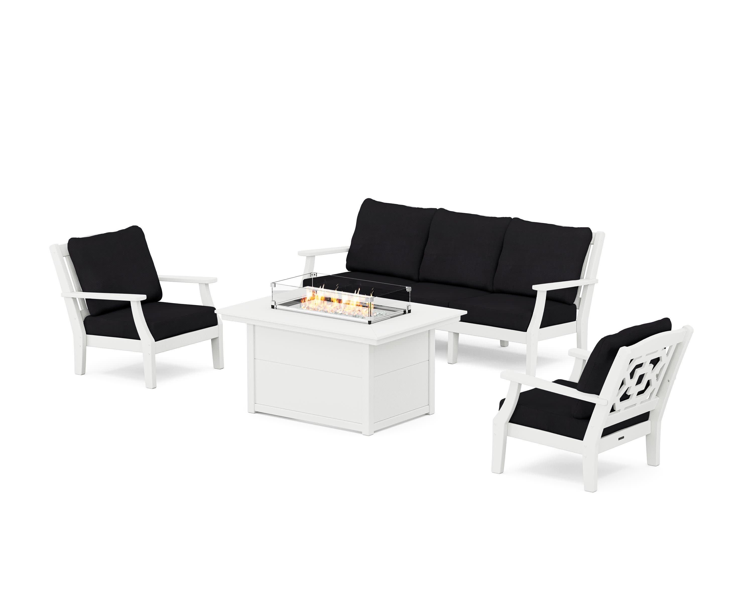 Chinoiserie Deep Seating Fire Pit Table Set in White / Midnight Linen