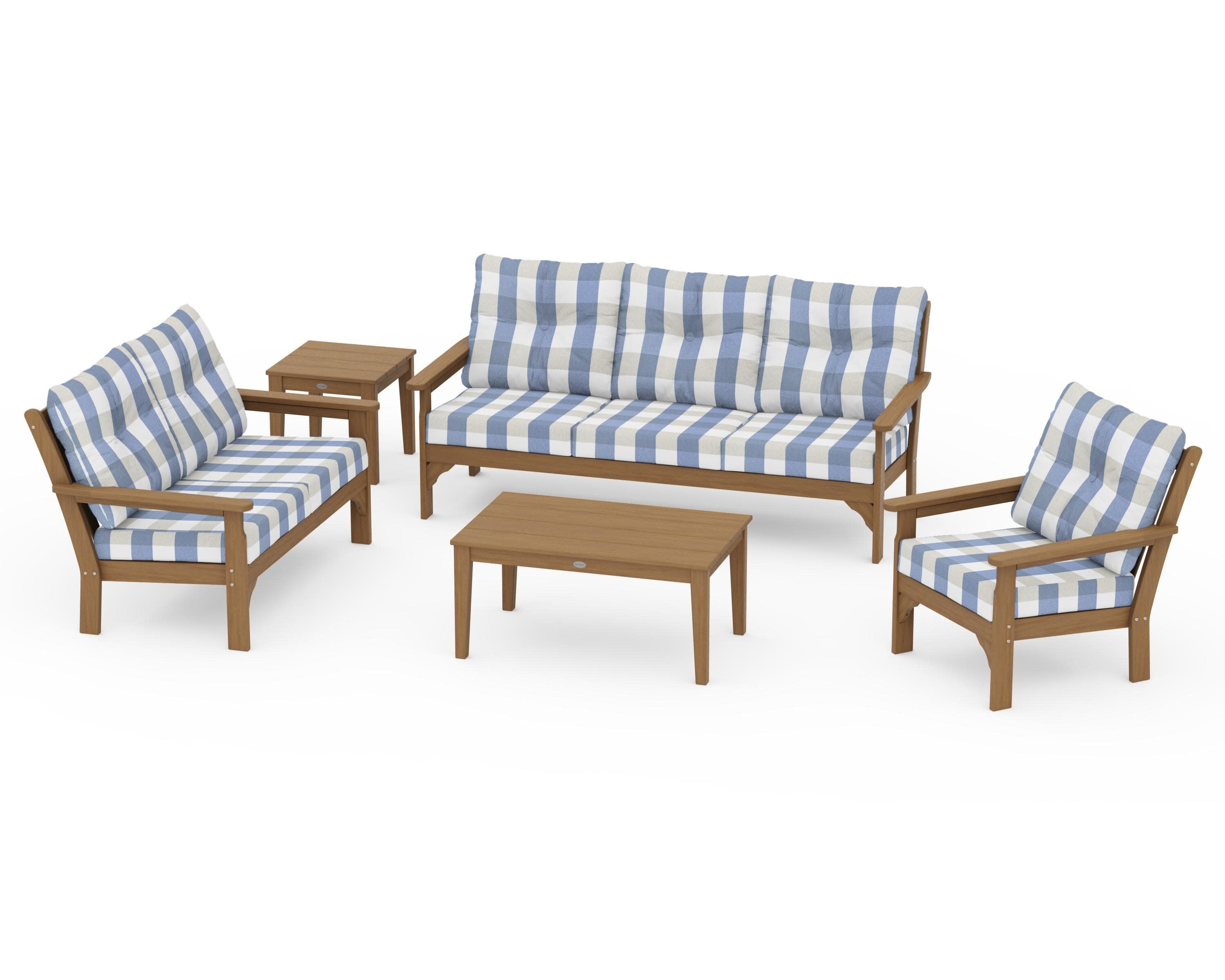 Vineyard 5 Piece Deep Seating Set in Natural / Buffalo Plaid Sky Blue