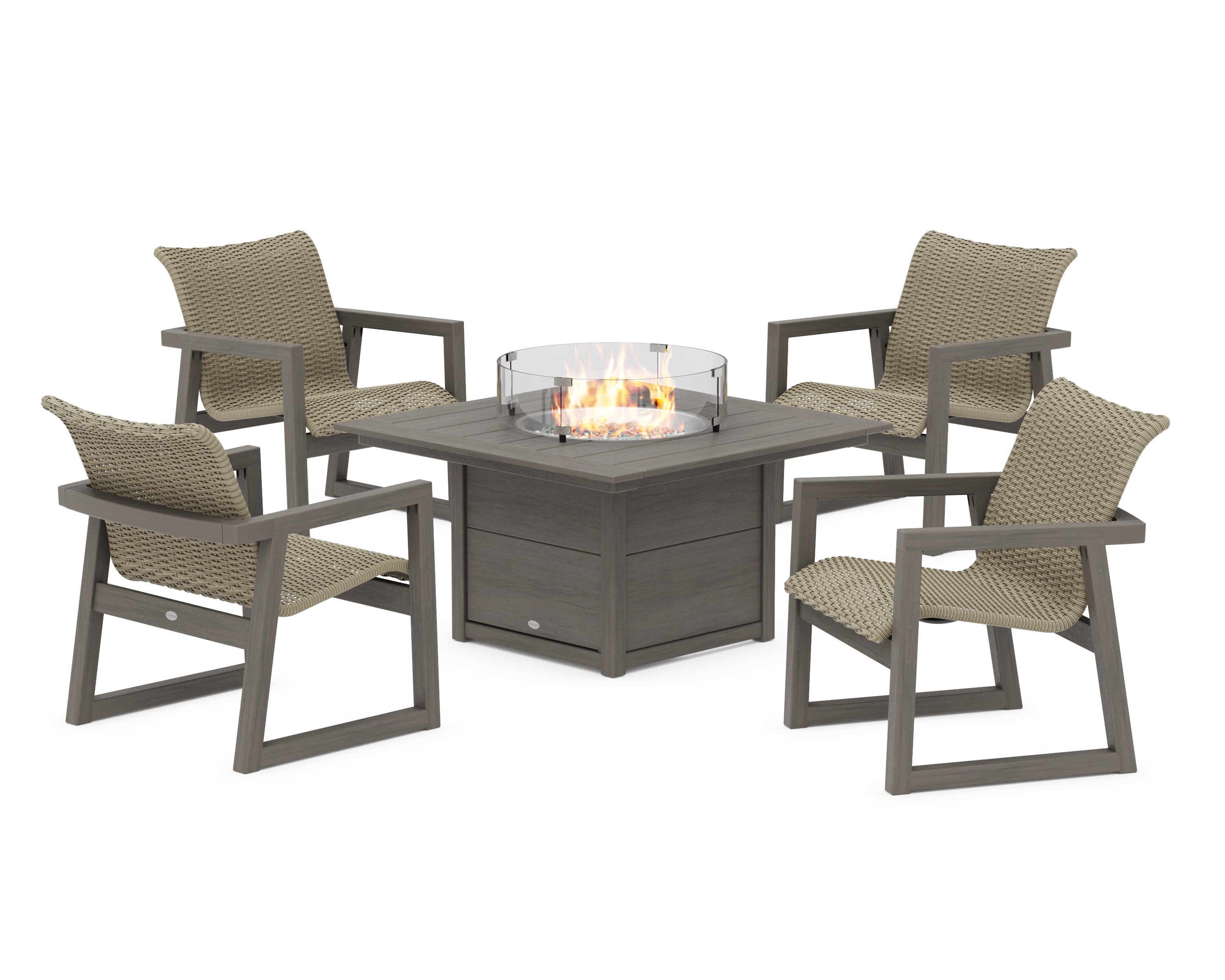 EDGE Woven 5-Piece Lounge Chair Seating Set with Fire Pit Table in Driftwood / Dune Grass