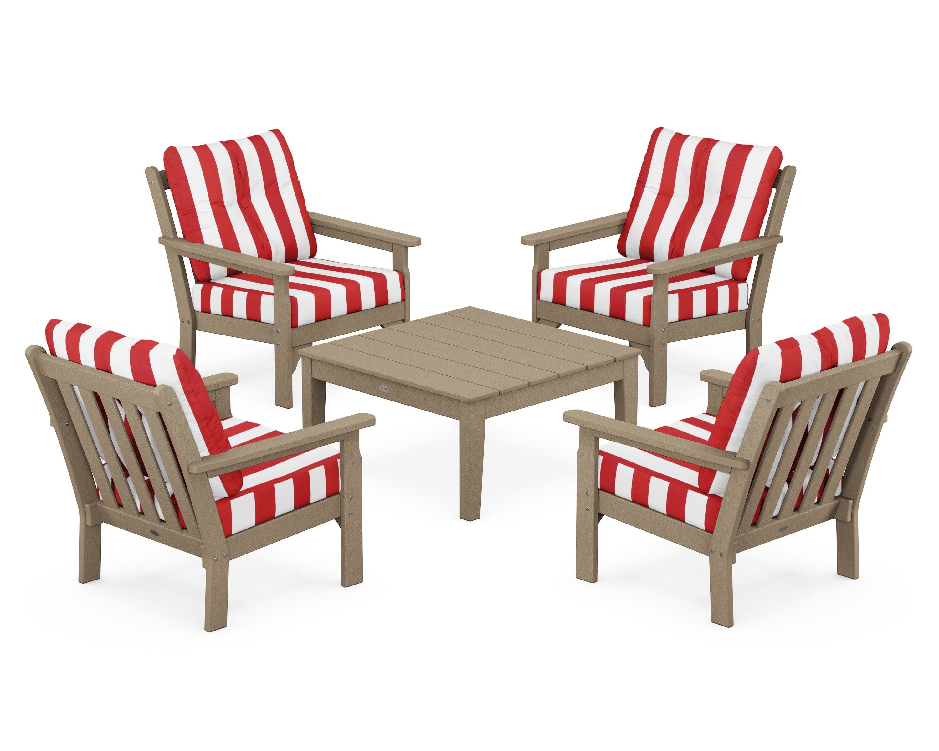 Vineyard 5-Piece Deep Seating Conversation Set in Vintage Sahara / Cabana Stripe Crimson
