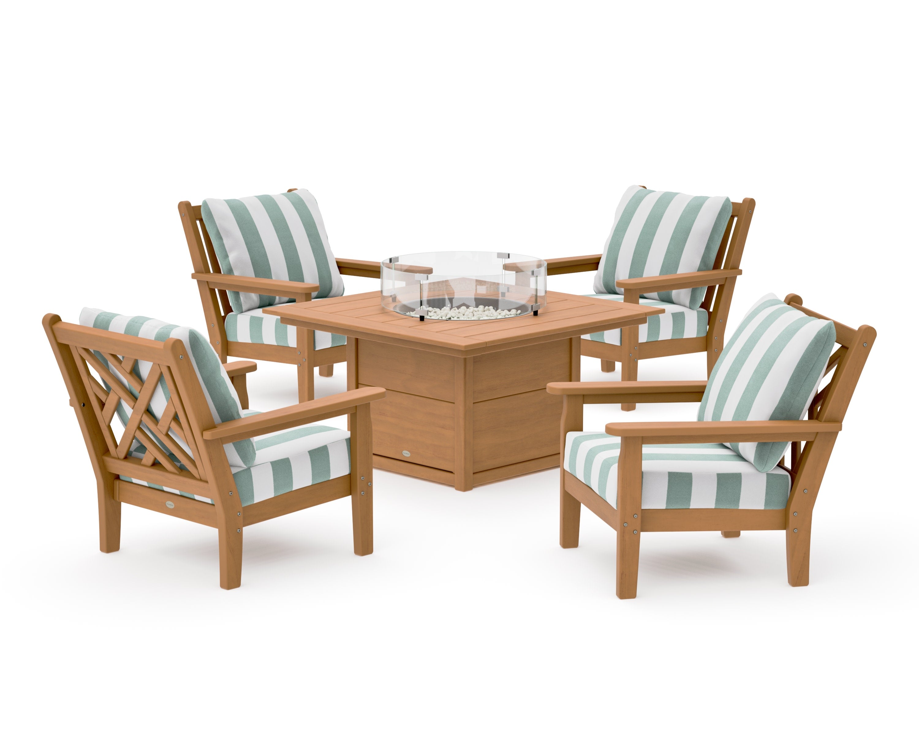 Chippendale 5-Piece Deep Seating Set with Fire Pit Table in Natural / Cabana Stripe Glacier Spa