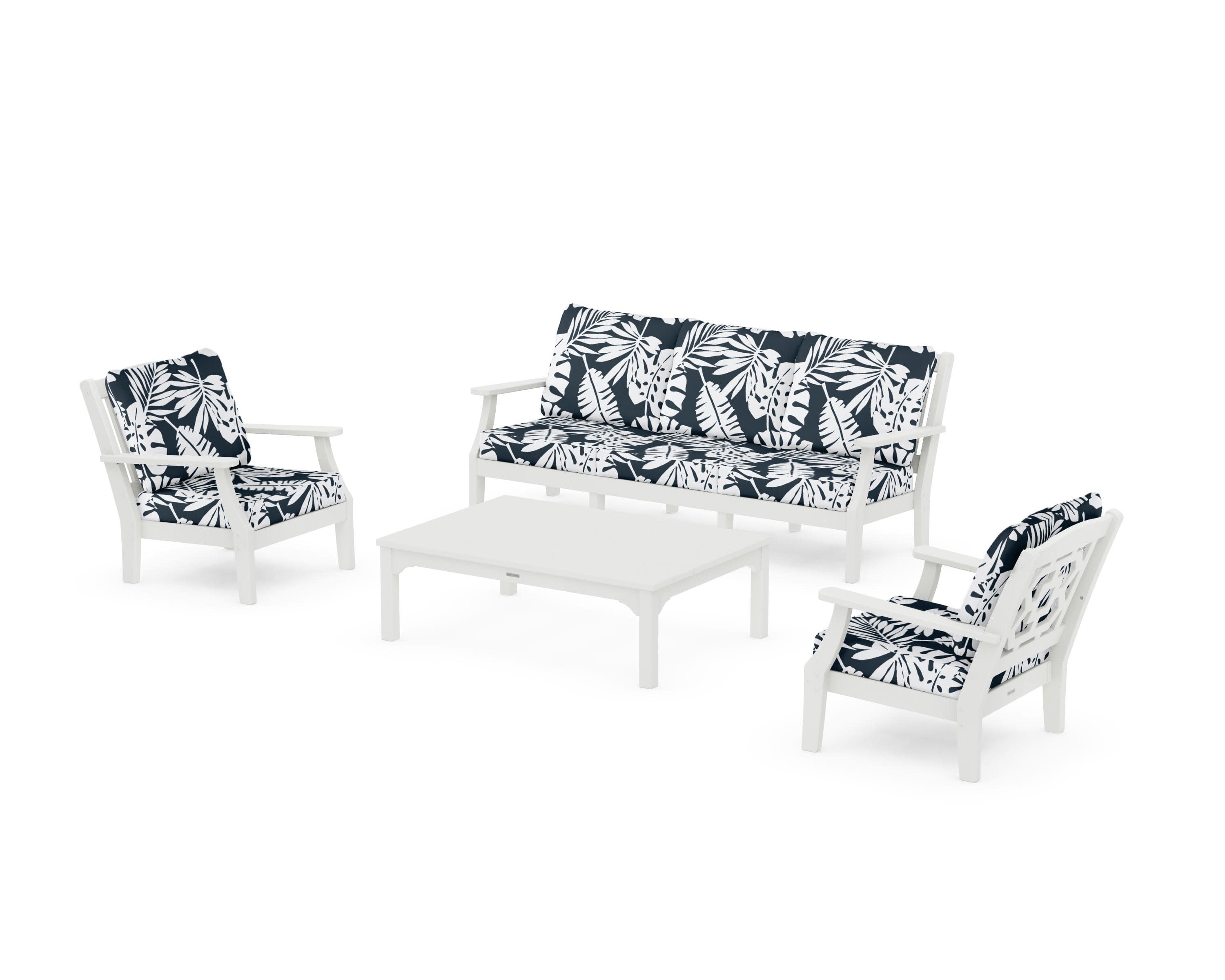 Chinoiserie 4-Piece Deep Seating Set with Sofa in Vintage White / Leaf Marine Indigo