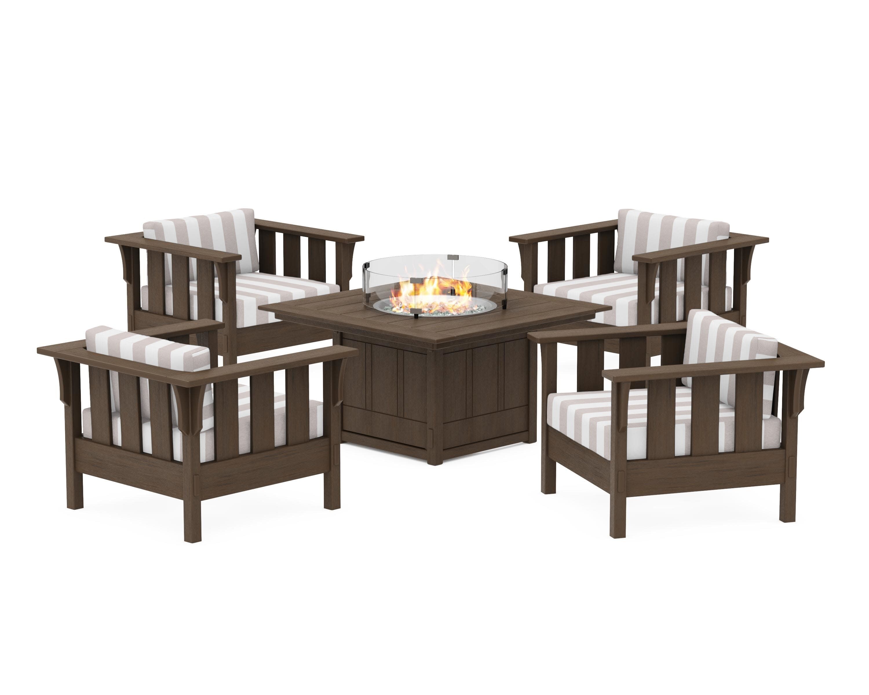 Acadia 5-Piece Deep Seating Set with Fire Pit Table in Kona / Cabana Stripe Dune Burlap