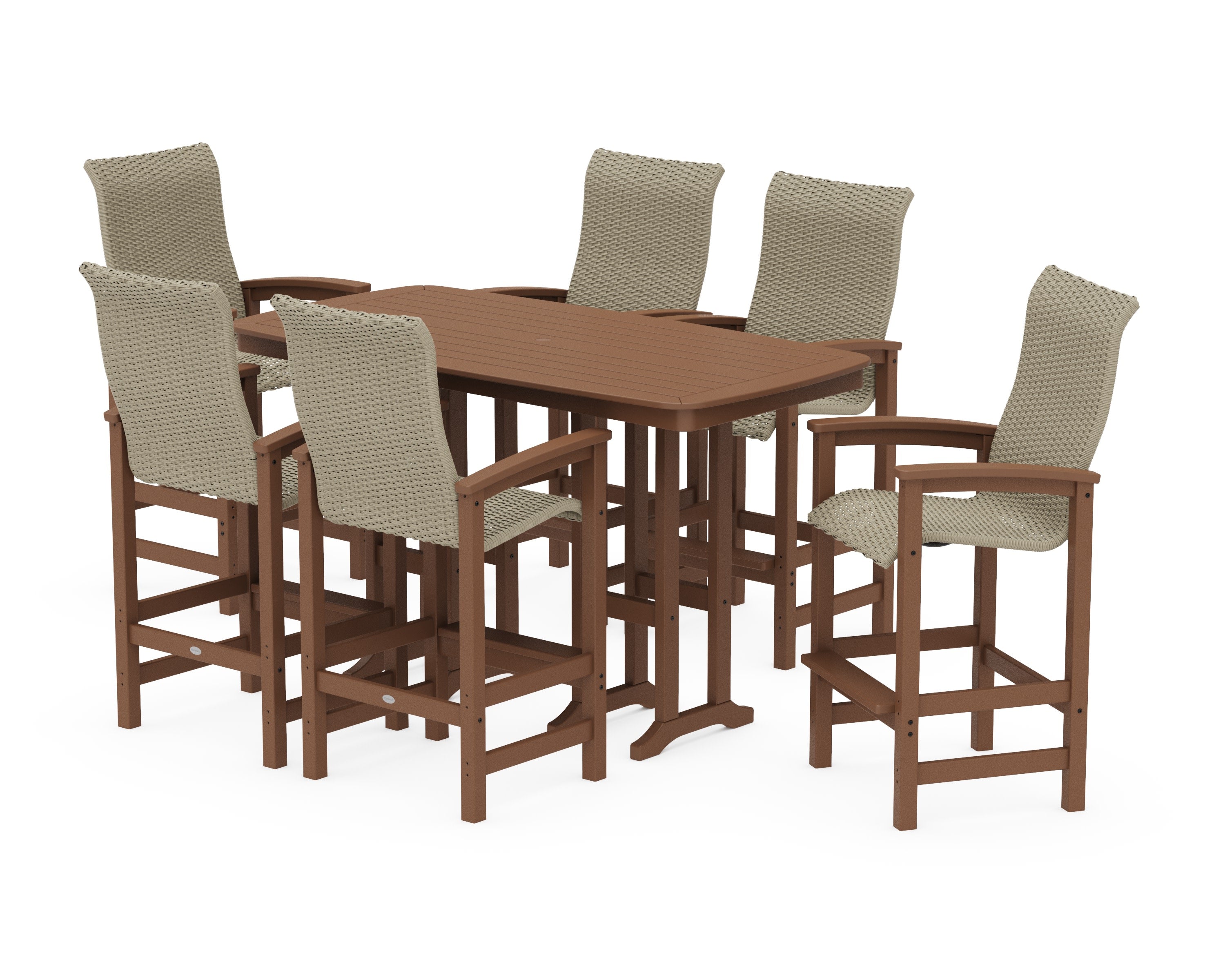 Coastal Woven High-Back Arm Chair 7-Piece Bar Set in Teak / Dune Grass