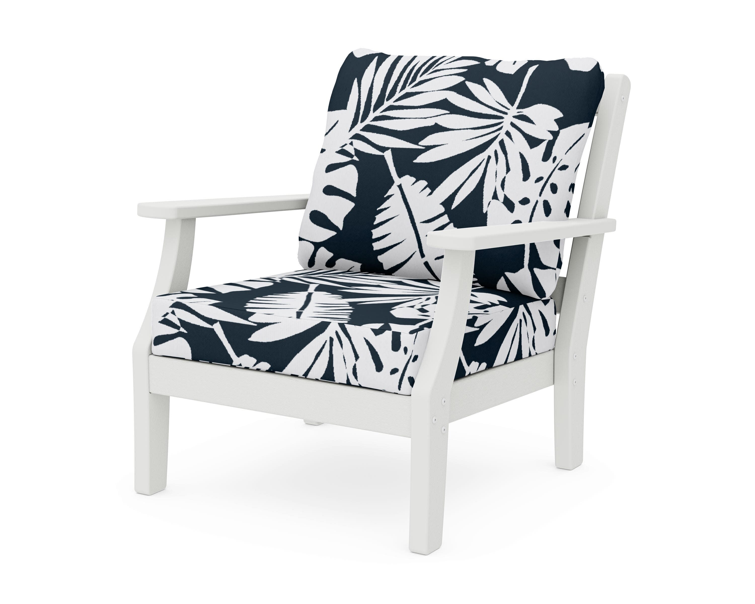 Chinoiserie Deep Seating Chair in Vintage White / Leaf Marine Indigo
