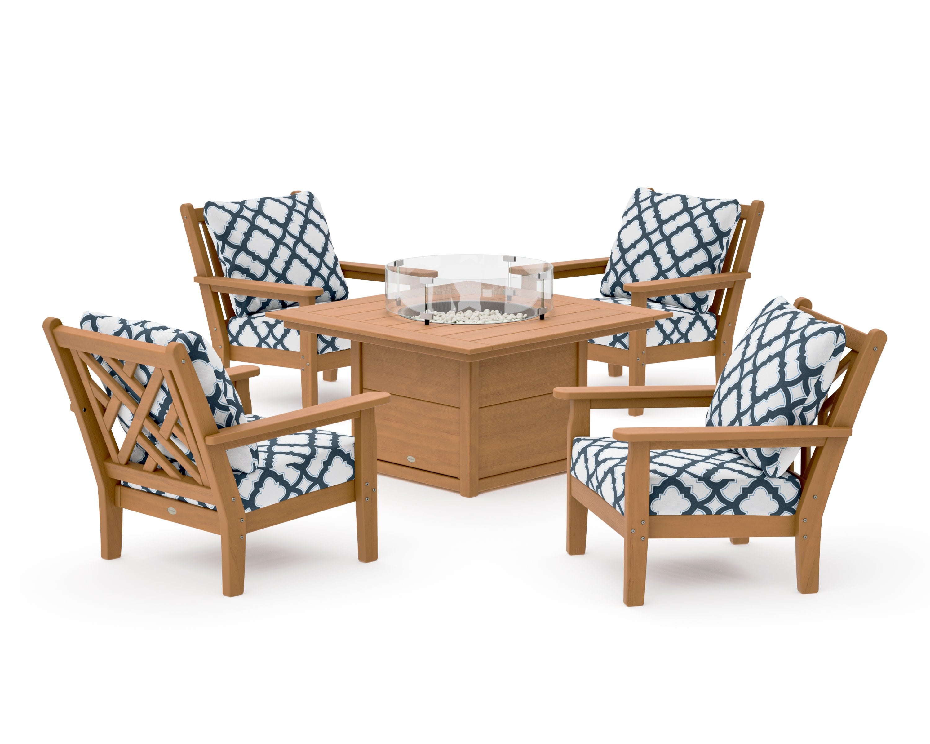 Chippendale 5-Piece Deep Seating Set with Fire Pit Table in Natural / Trellis Marine Indigo