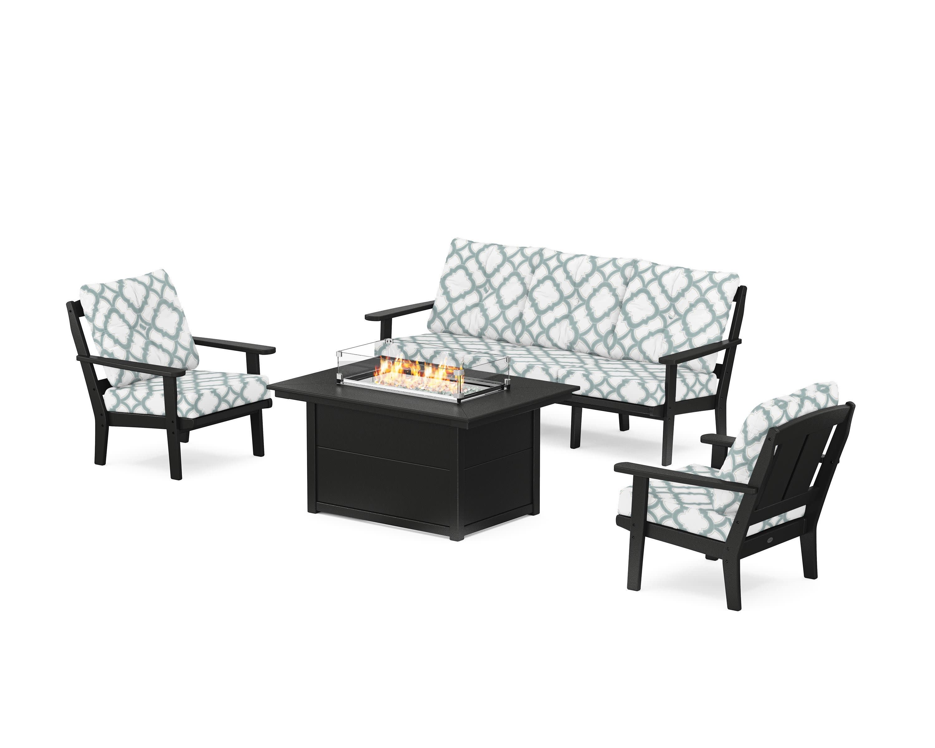 Mission Deep Seating Fire Pit Table Set in Black / Trellis Glacier Spa