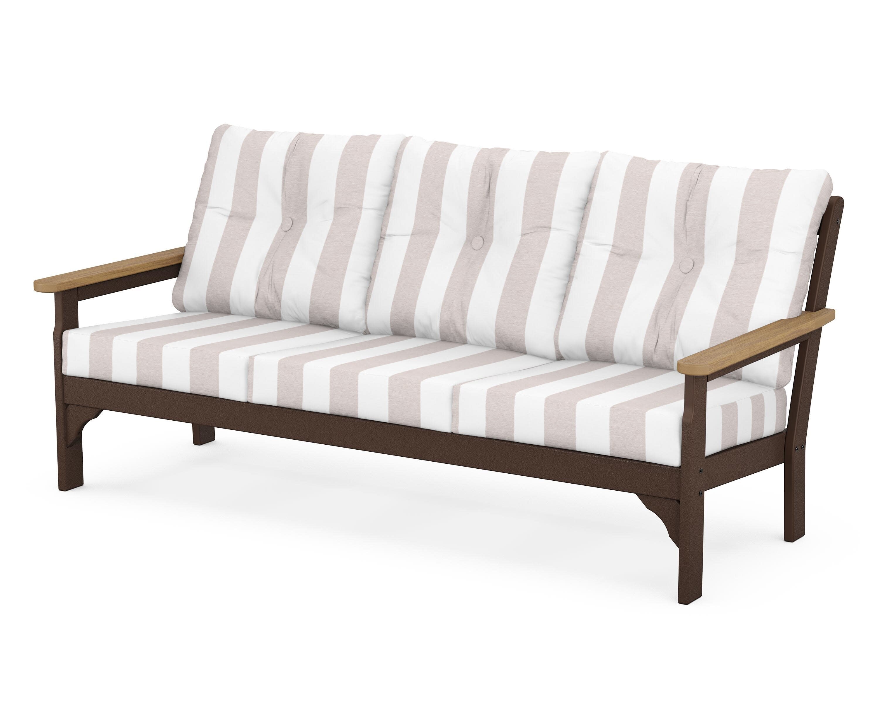 Vineyard Deep Seating Sofa in Mahogany / Natural / Cabana Stripe Dune Burlap