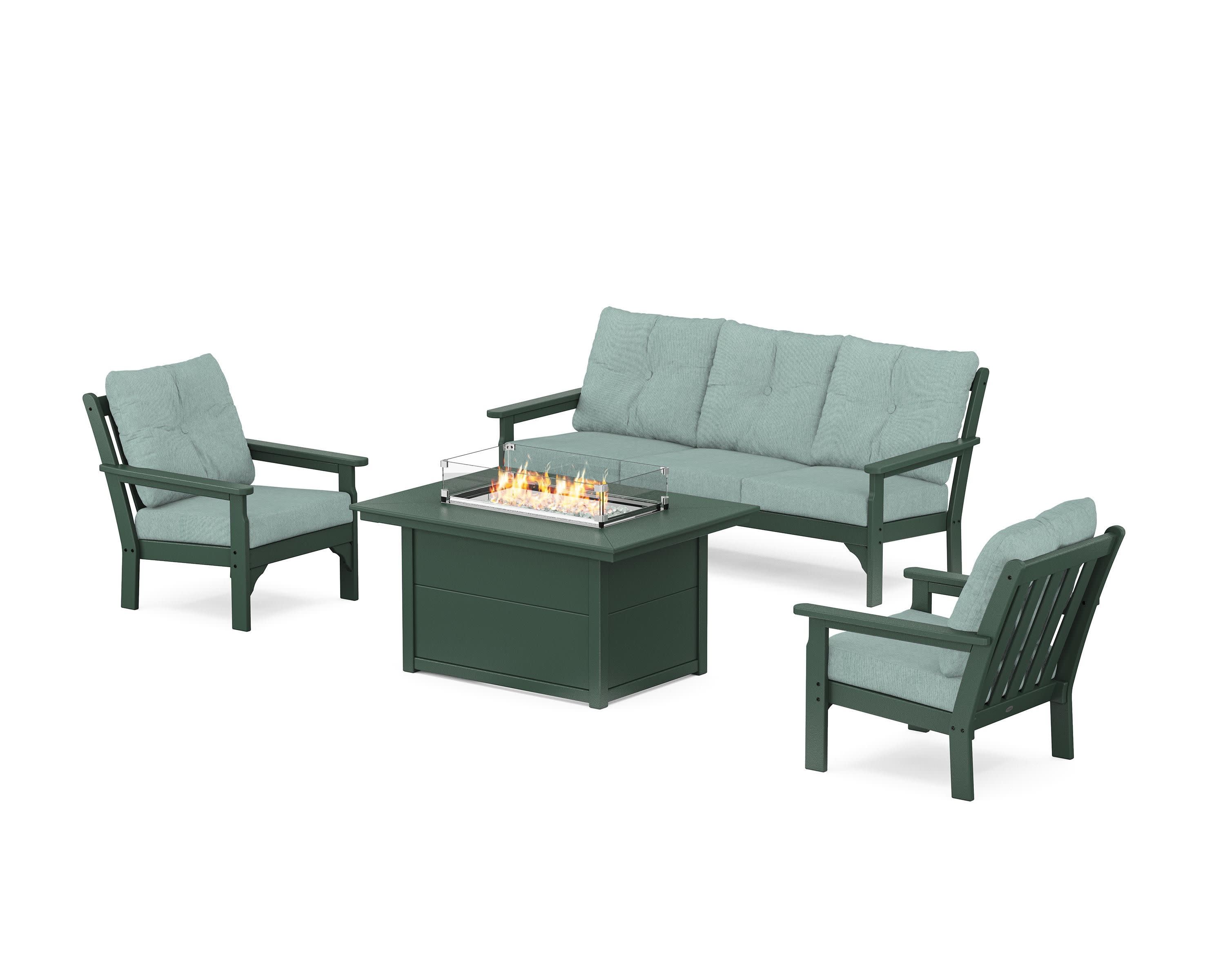 Vineyard Deep Seating Fire Pit Table Set in Green / Glacier Spa