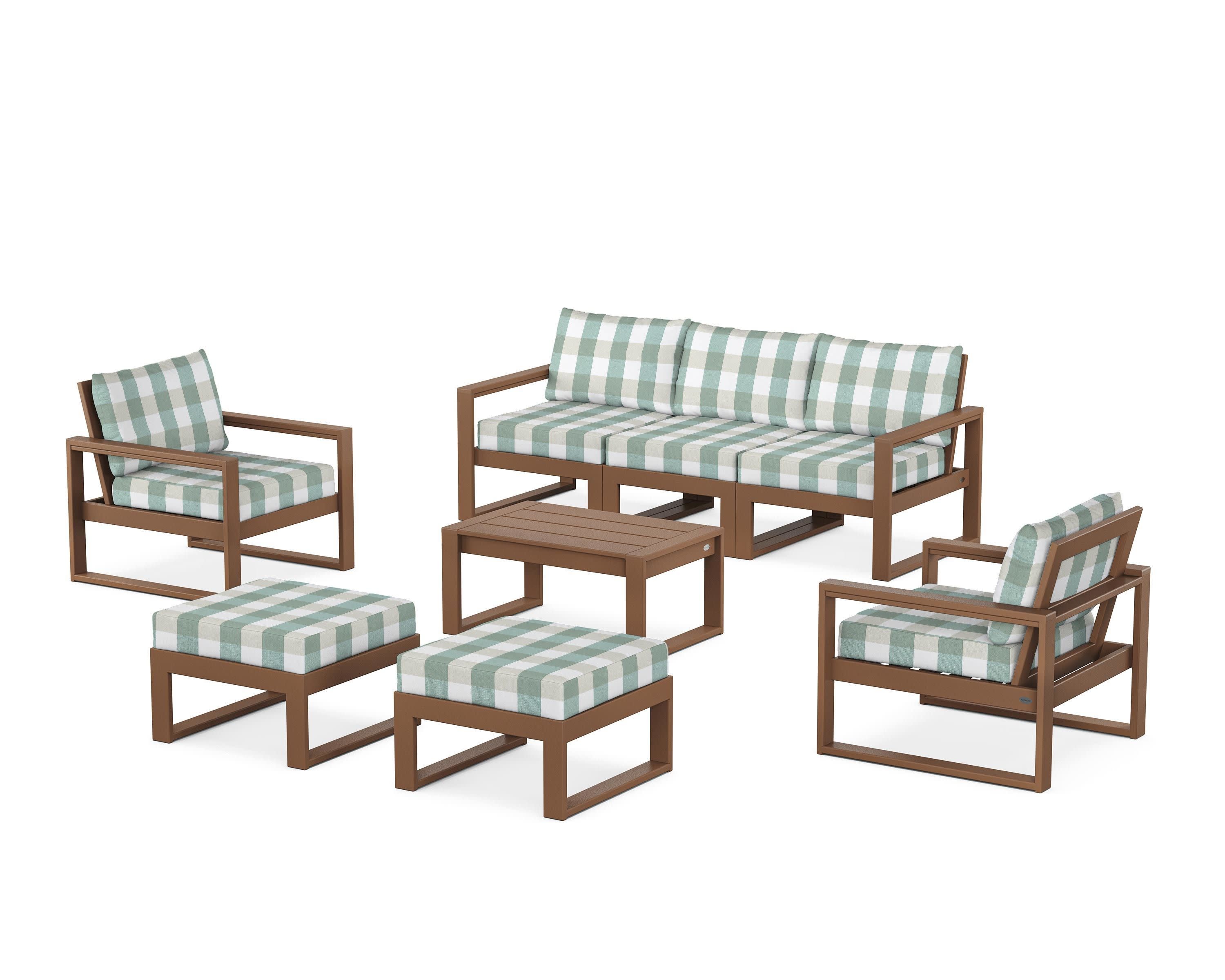 EDGE Sectional 8-Piece Lounge Sofa Set in Teak / Buffalo Plaid Glacier Spa