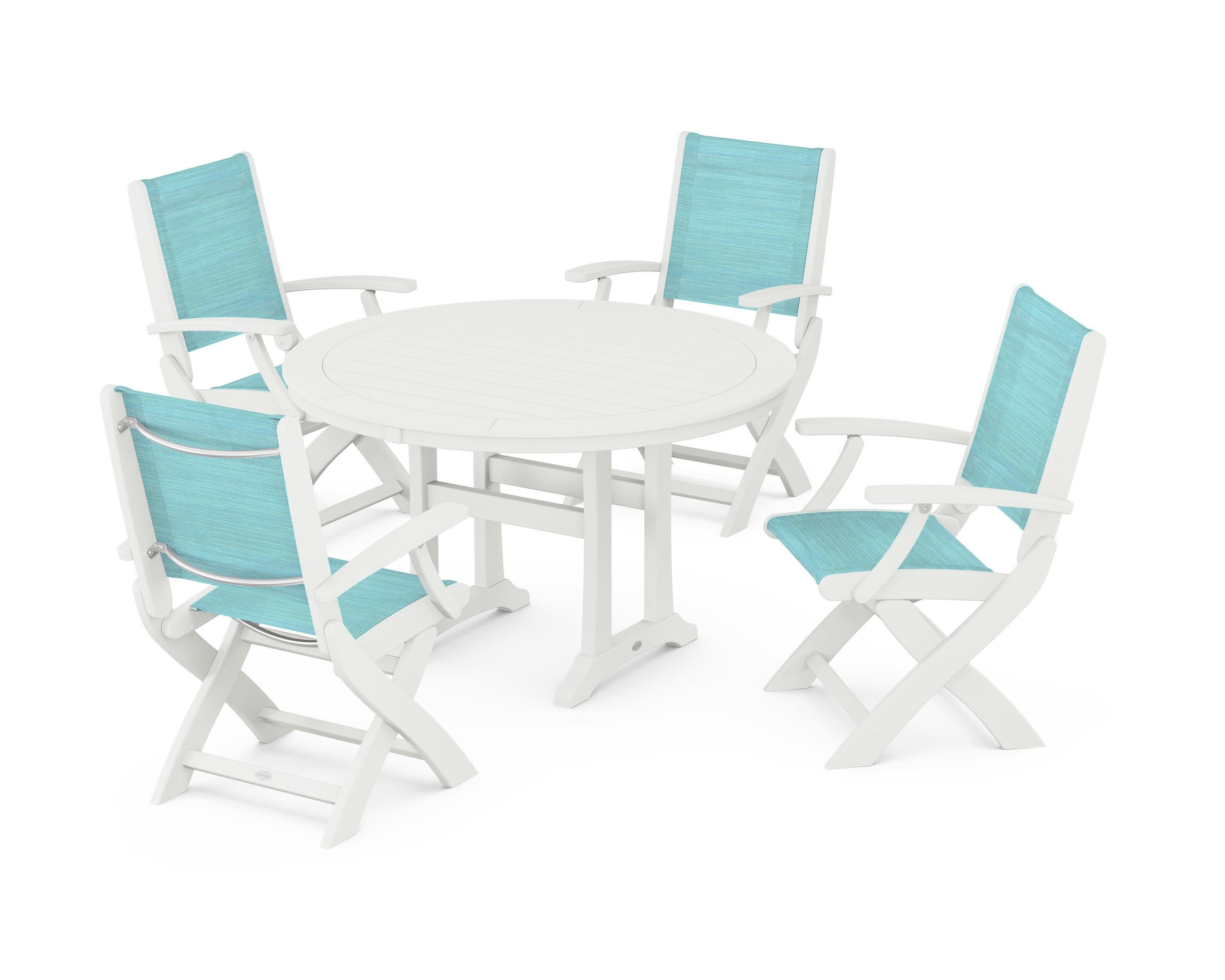 Coastal Folding Chair 5-Piece Round Dining Set with Trestle Legs in Vintage White / Dupioni Aquamarine Sling