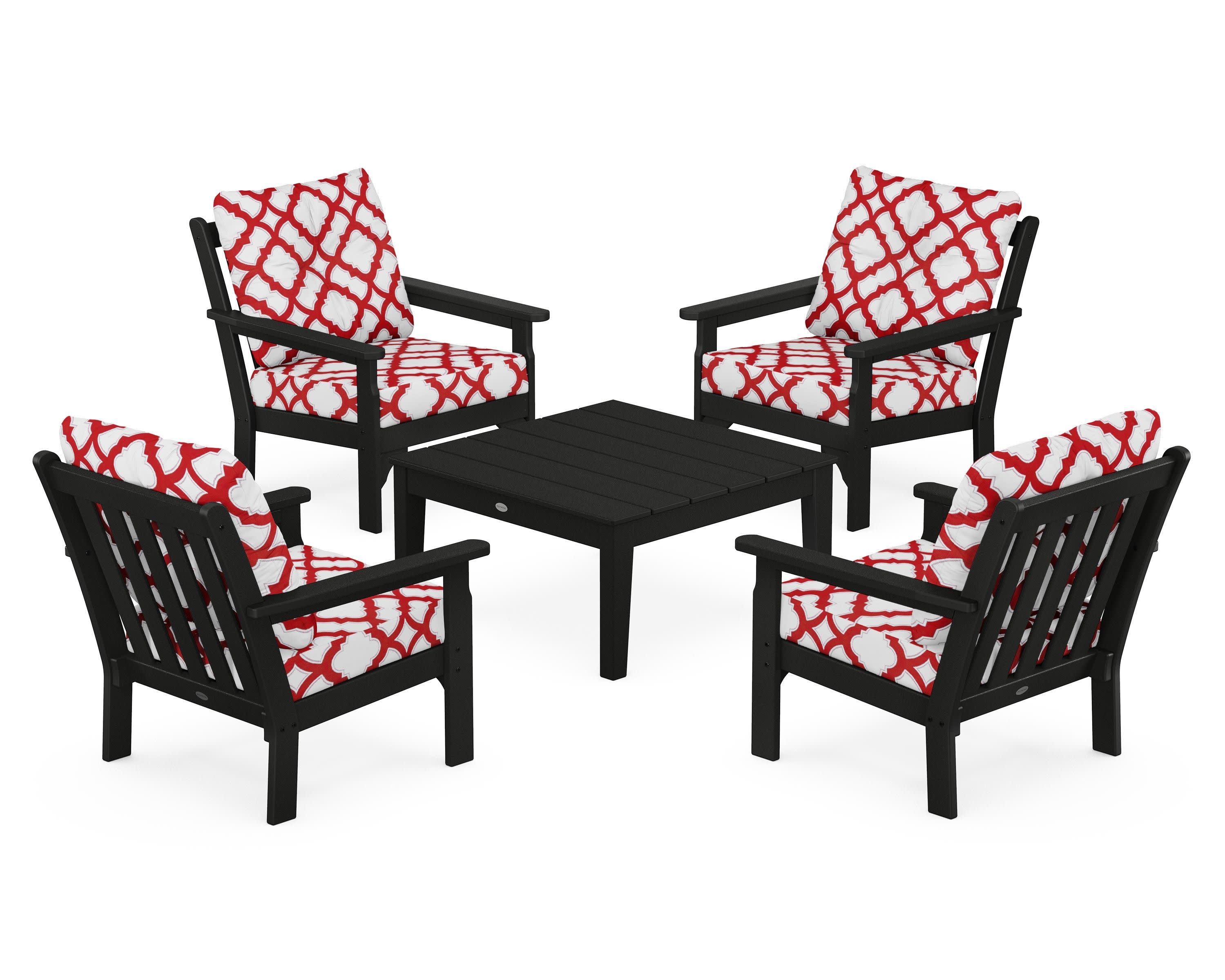 Vineyard 5-Piece Deep Seating Conversation Set in Black / Trellis Crimson