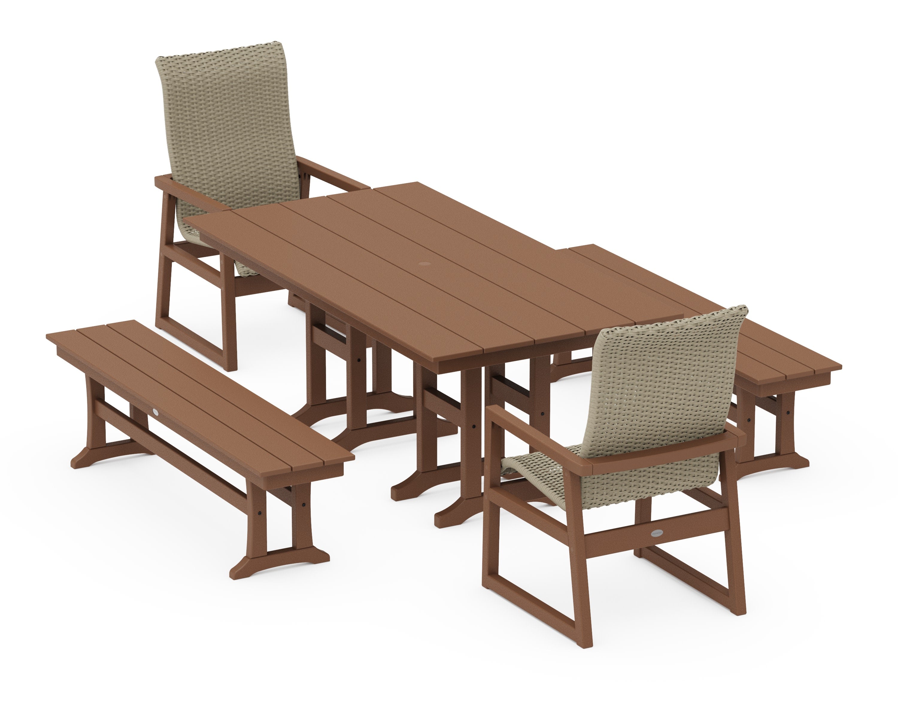 EDGE Woven Highback 5-Piece Farmhouse Dining Set with Benches in Teak / Dune Grass