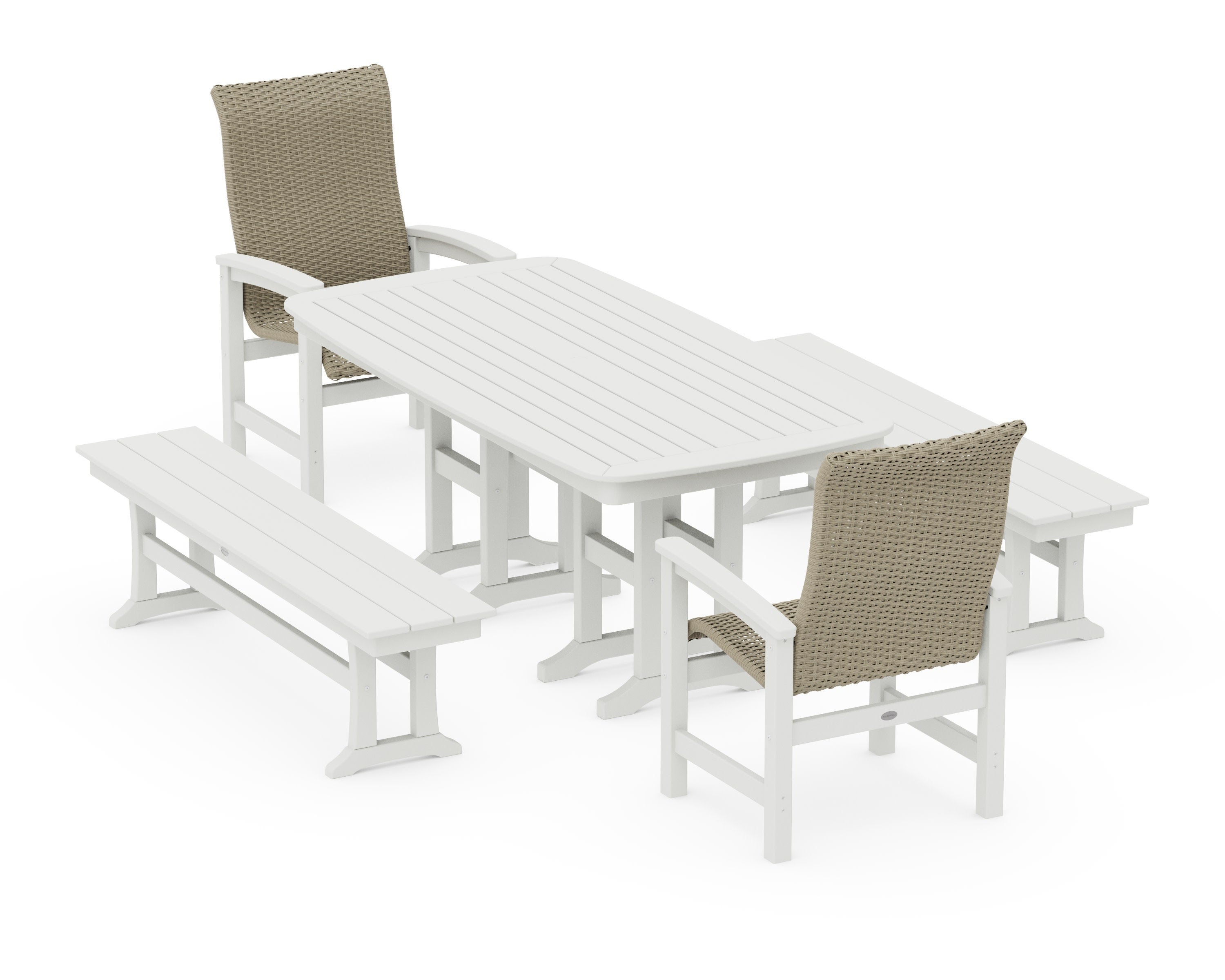 Coastal Woven High-Back 5-Piece Dining Set with Benches in White / Dune Grass