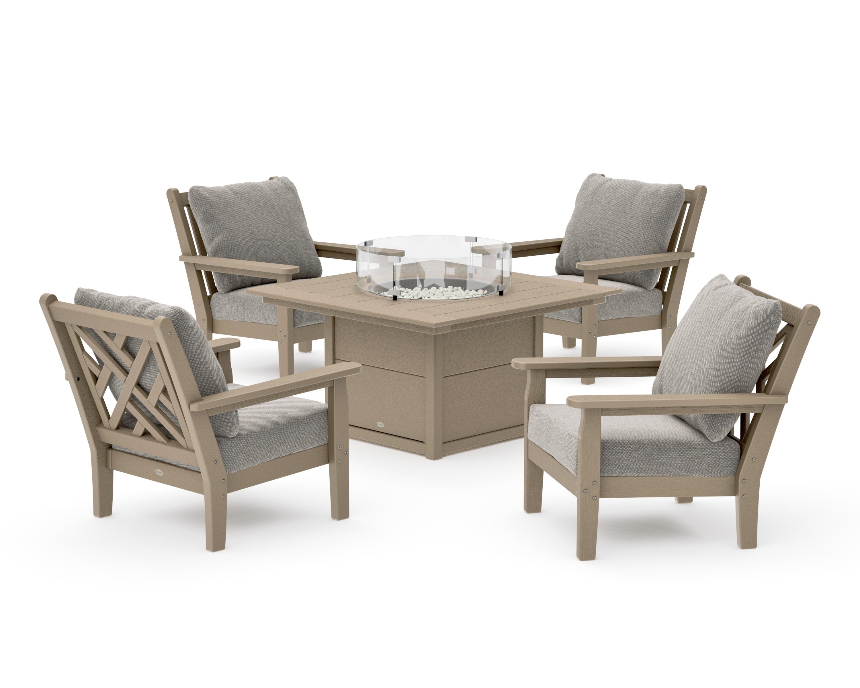 Chippendale 5-Piece Deep Seating Set with Fire Pit Table in Vintage Sahara / Weathered Tweed