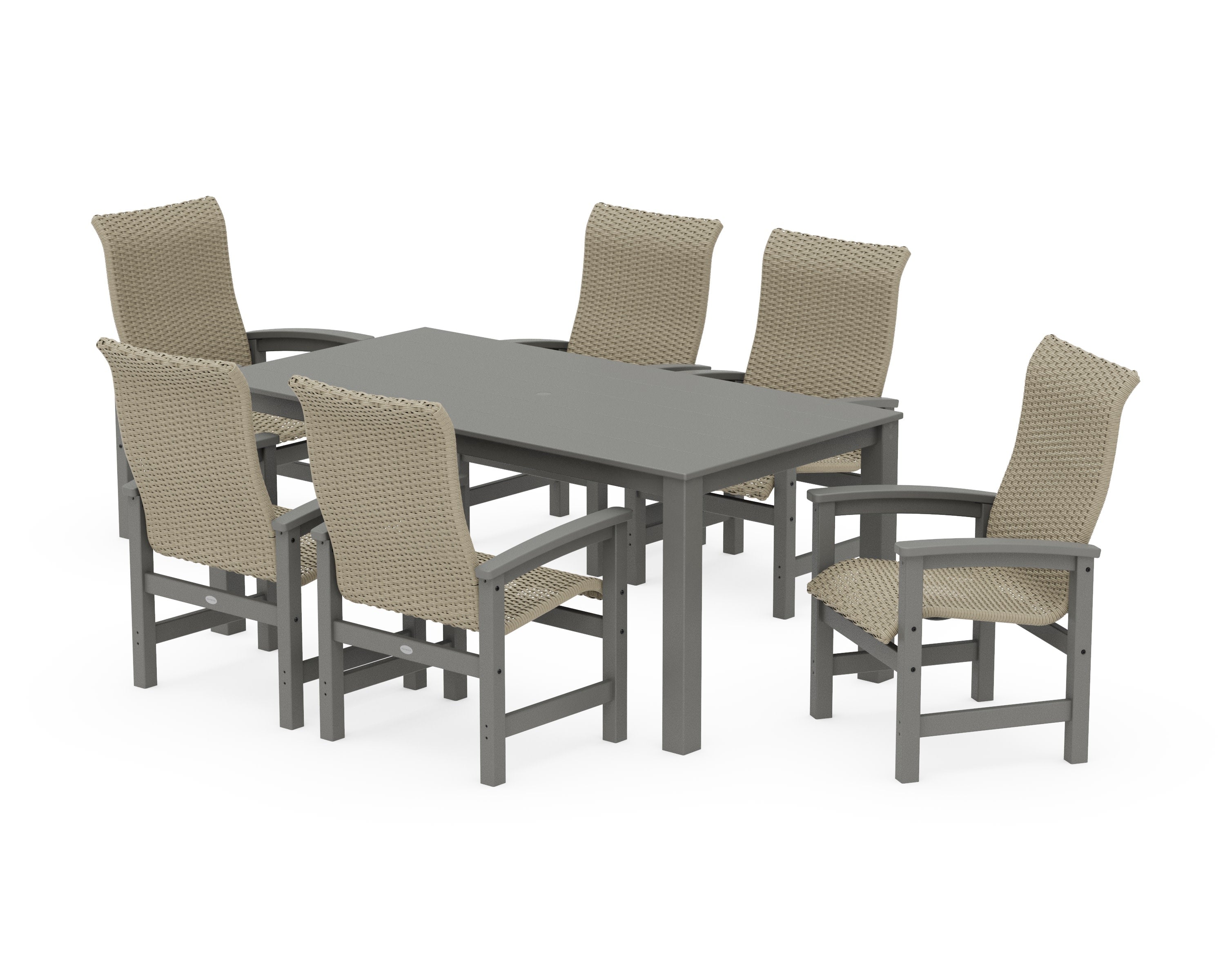 Coastal Woven High-Back Arm Chair 7-Piece Parsons Dining Set in Slate Grey / Dune Grass