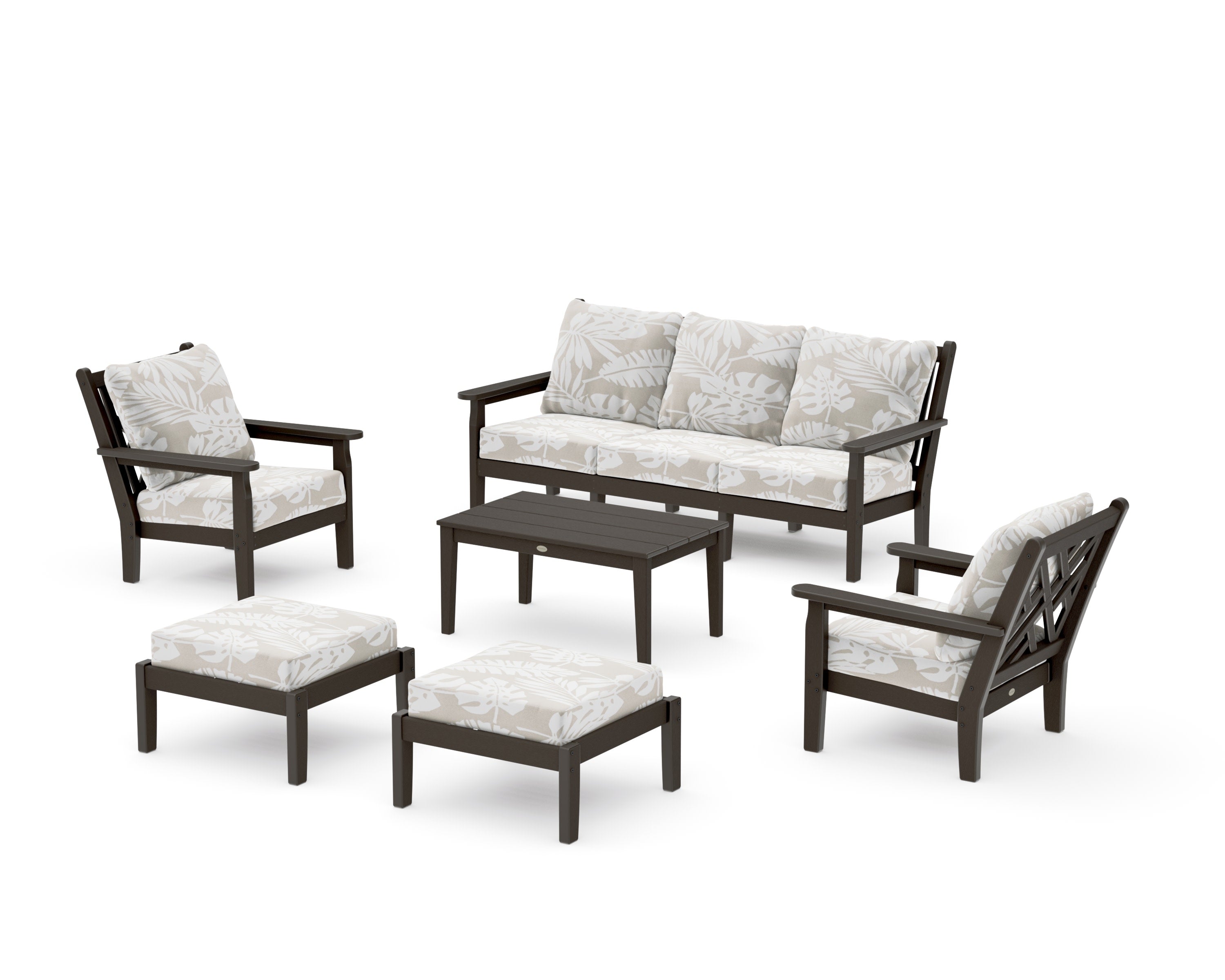 Chippendale 6-Piece Lounge Sofa Set in Vintage Coffee / Leaf Dune Burlap