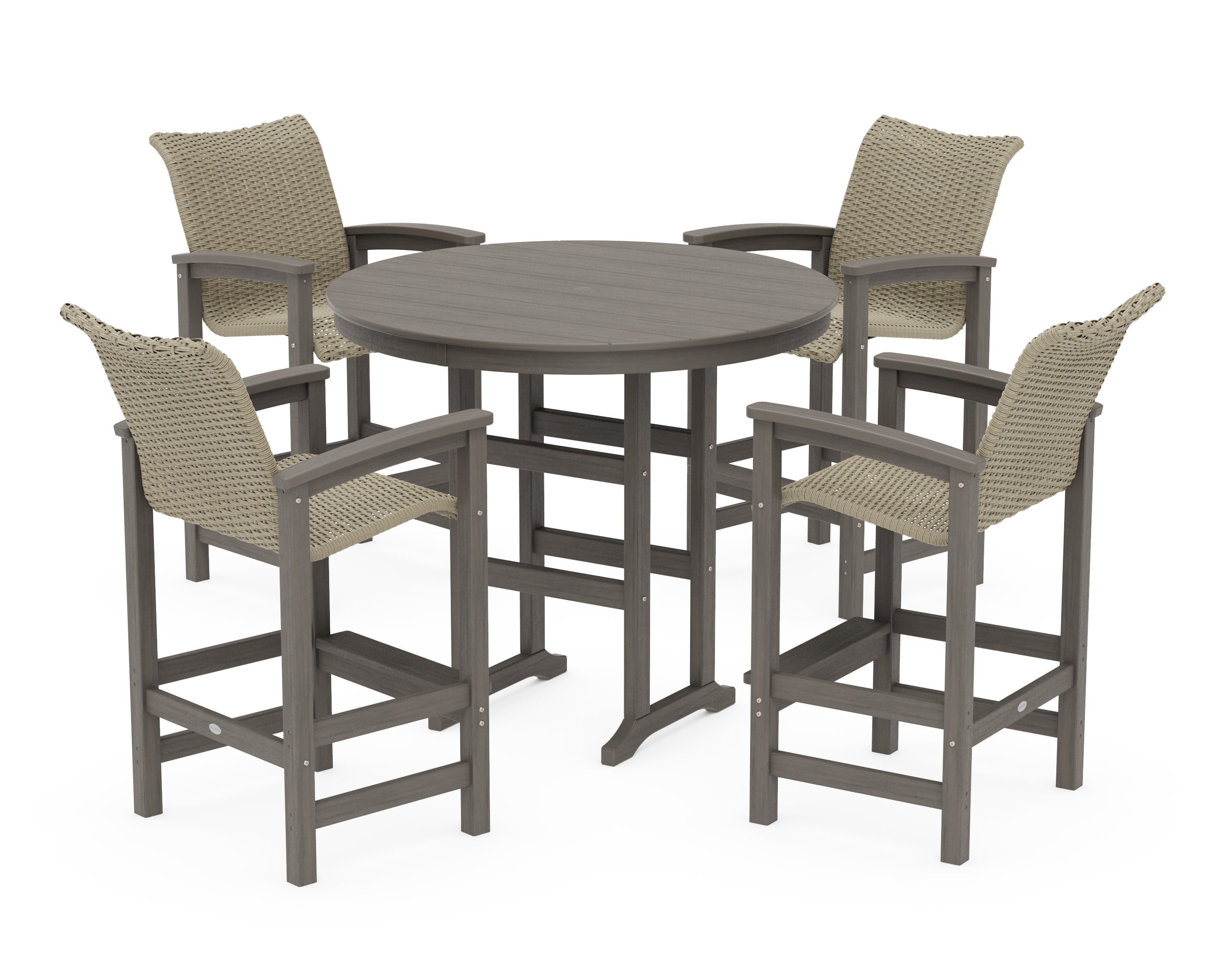 Coastal Woven 5-Piece Round Farmhouse Bar Set in Driftwood / Dune Grass