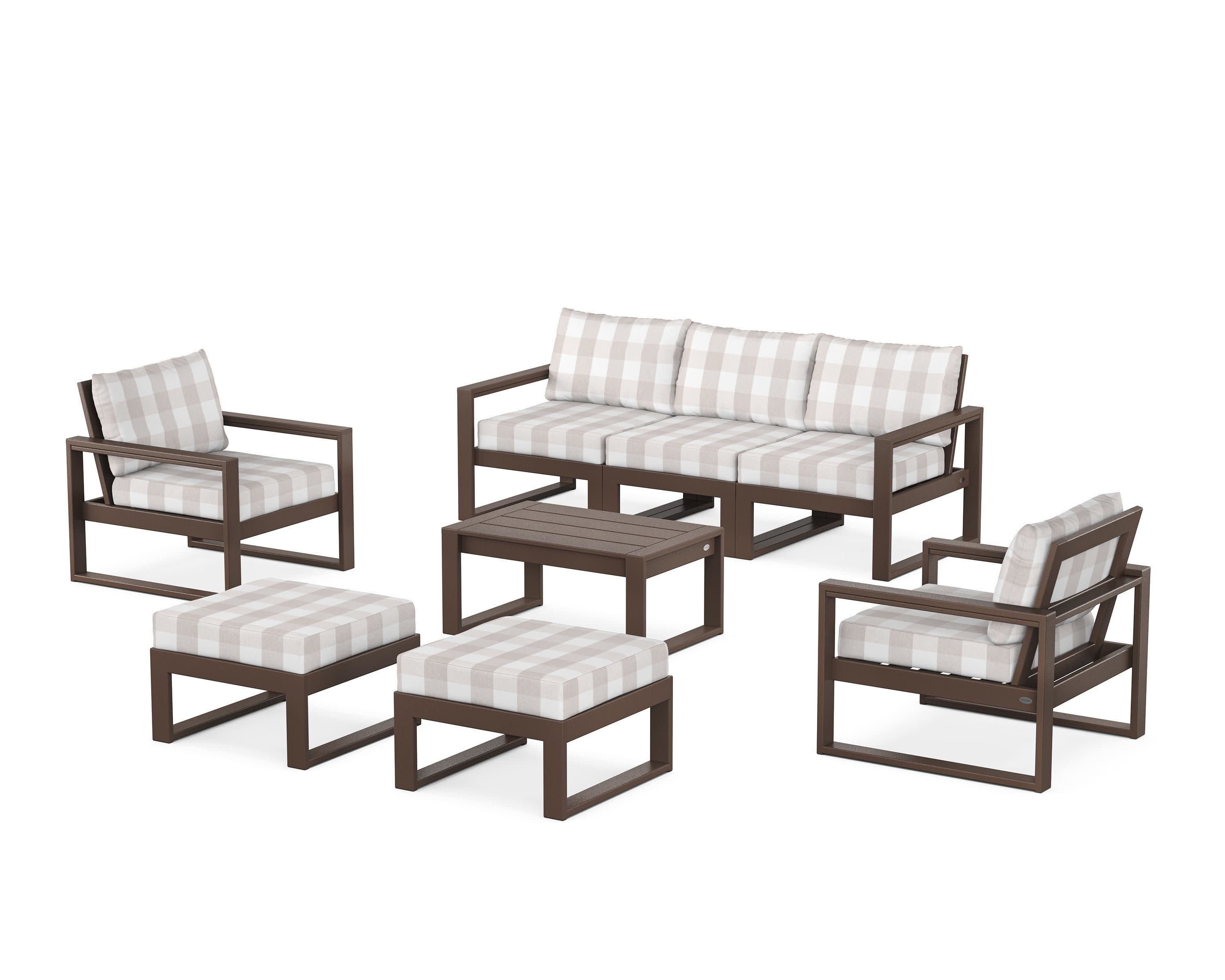 EDGE Sectional 8-Piece Lounge Sofa Set in Mahogany / Buffalo Plaid Dune Burlap