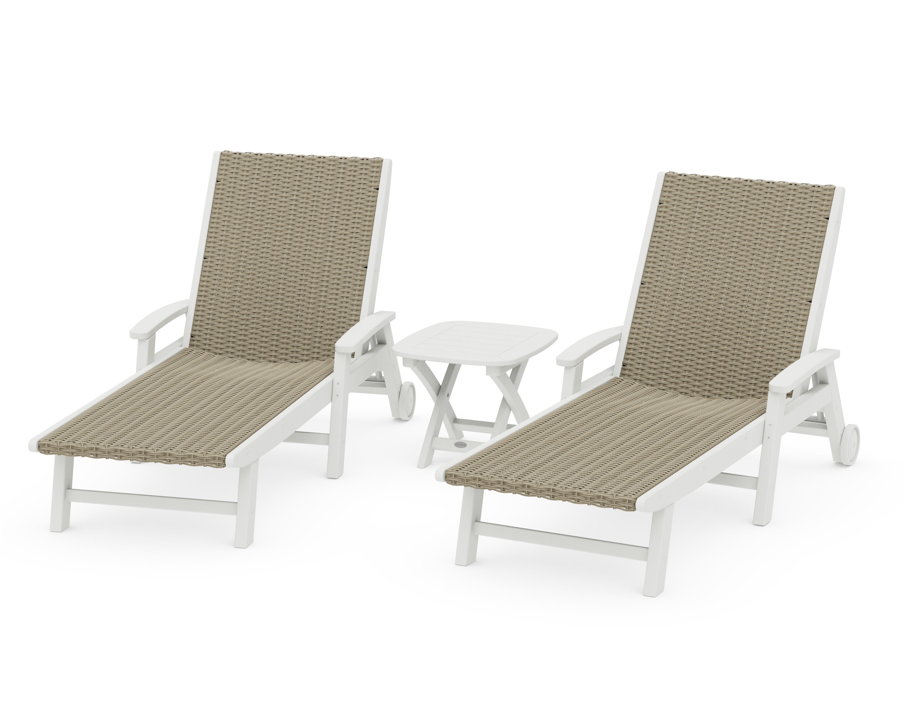 3-Piece Coastal Woven Chaise with Arms and Wheels Chaise Lounge Set in Vintage White / Dune Grass