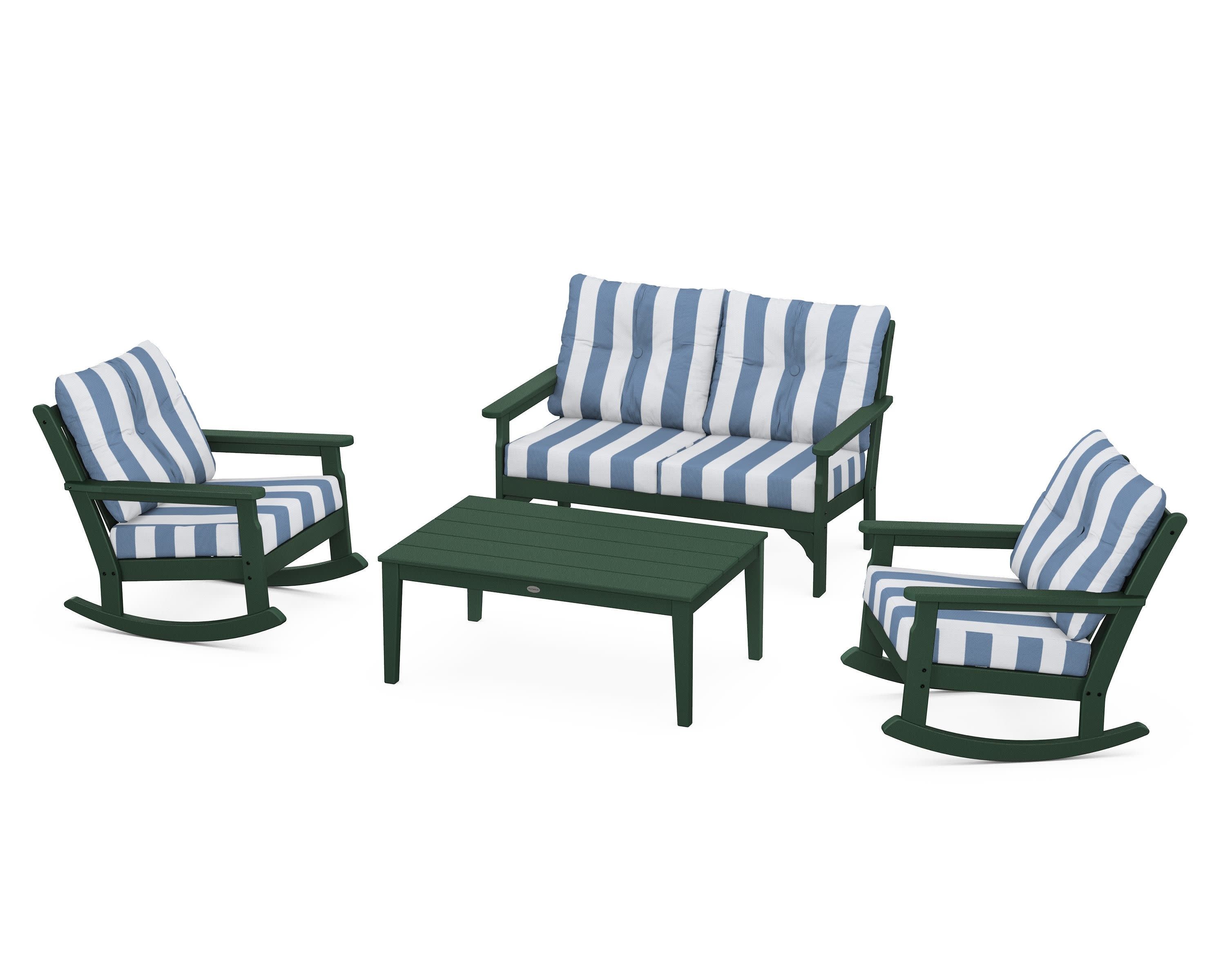 Vineyard 4-Piece Deep Seating Rocking Chair Set in Green / Cabana Stripe Sky Blue