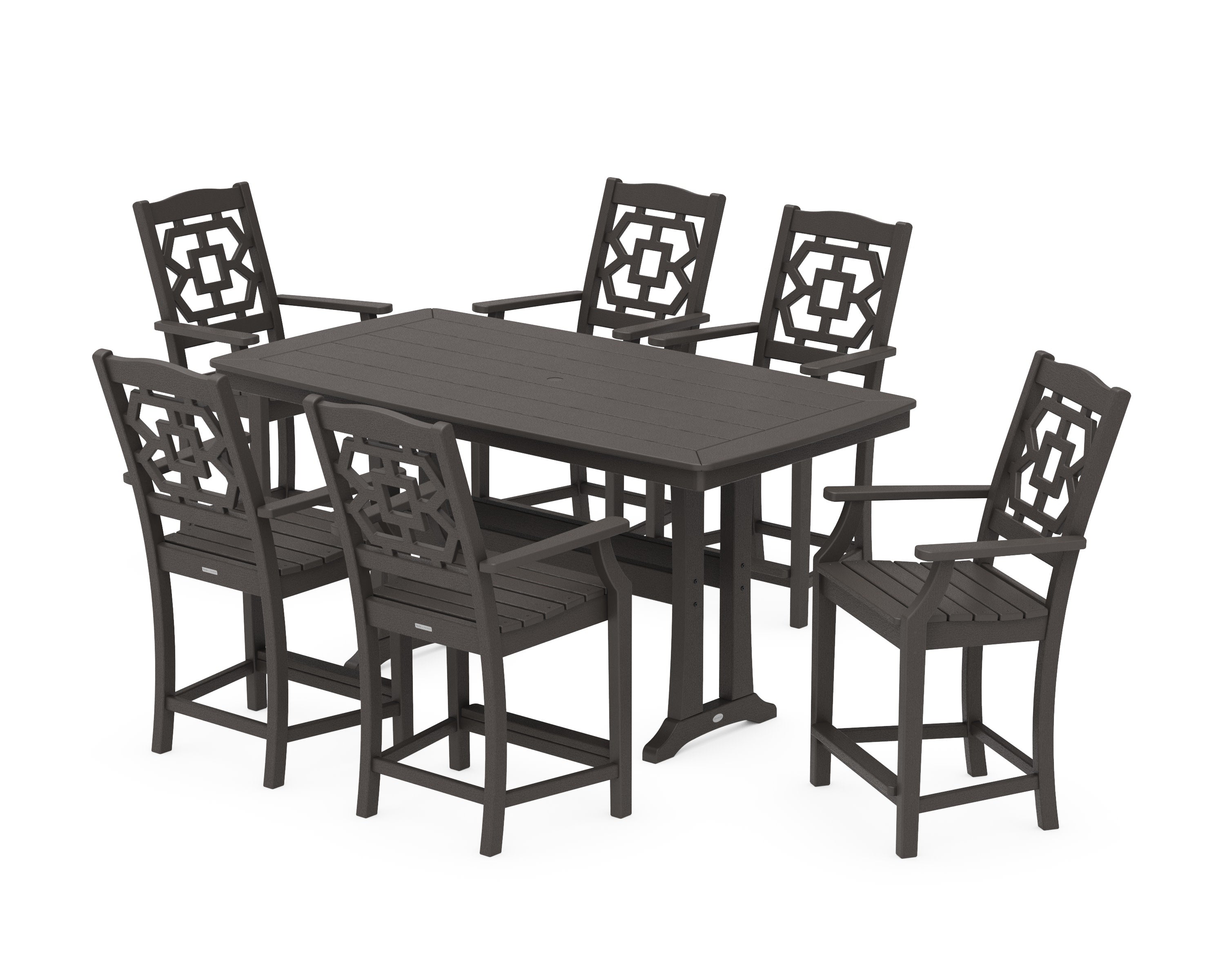 Chinoiserie Arm Chair 7-Piece Counter Set with Trestle Legs in Vintage Coffee