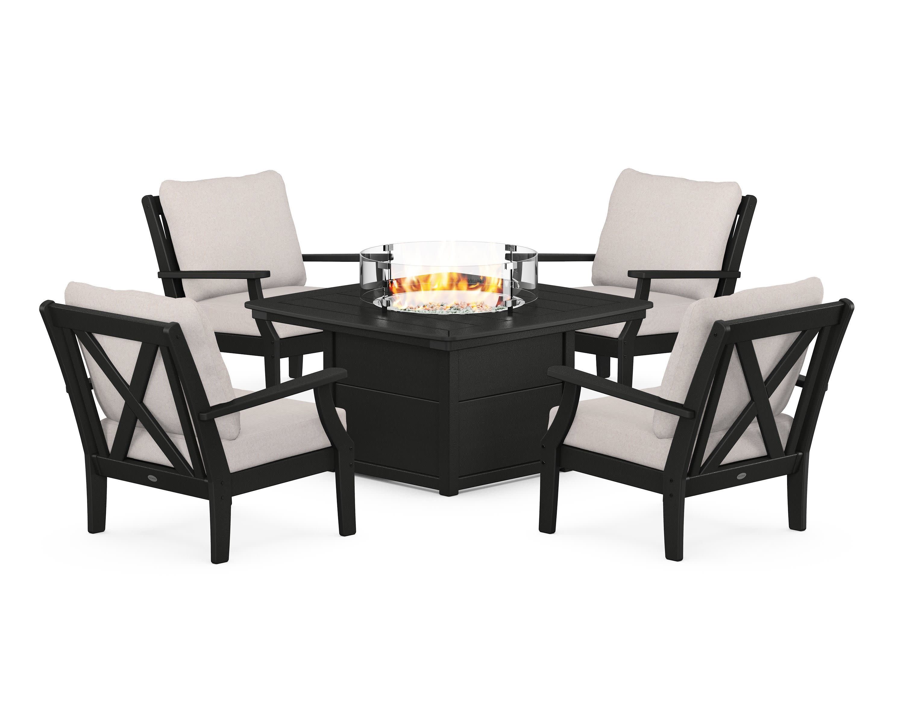 Braxton 5-Piece Deep Seating Conversation Set with Fire Pit Table in Black / Dune Burlap
