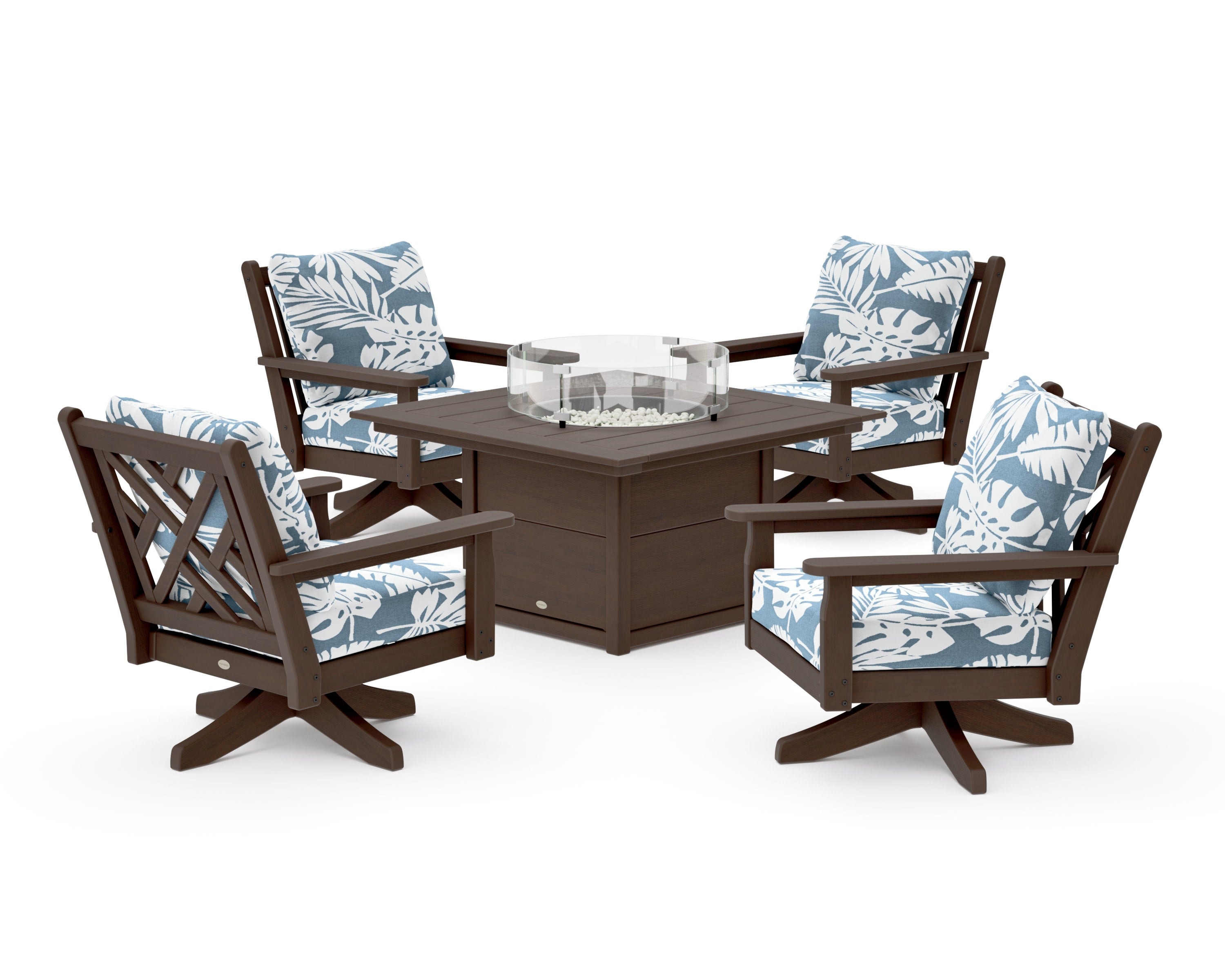 Chippendale 5-Piece Deep Seating Swivel Conversation Set with Fire Pit Table in Kona / Leaf Sky Blue