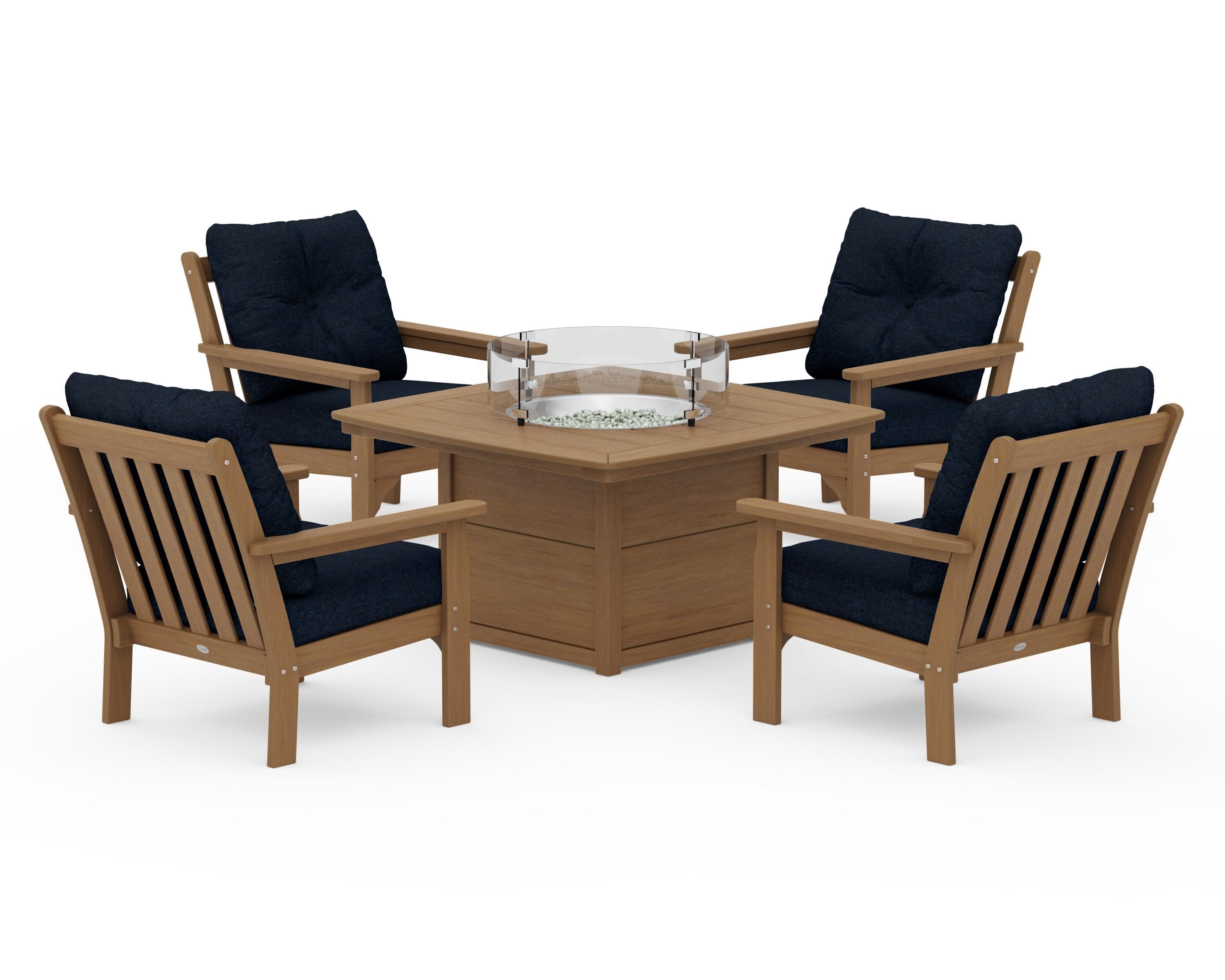 Vineyard 5-Piece Conversation Set with Fire Pit Table in Natural / Marine Indigo