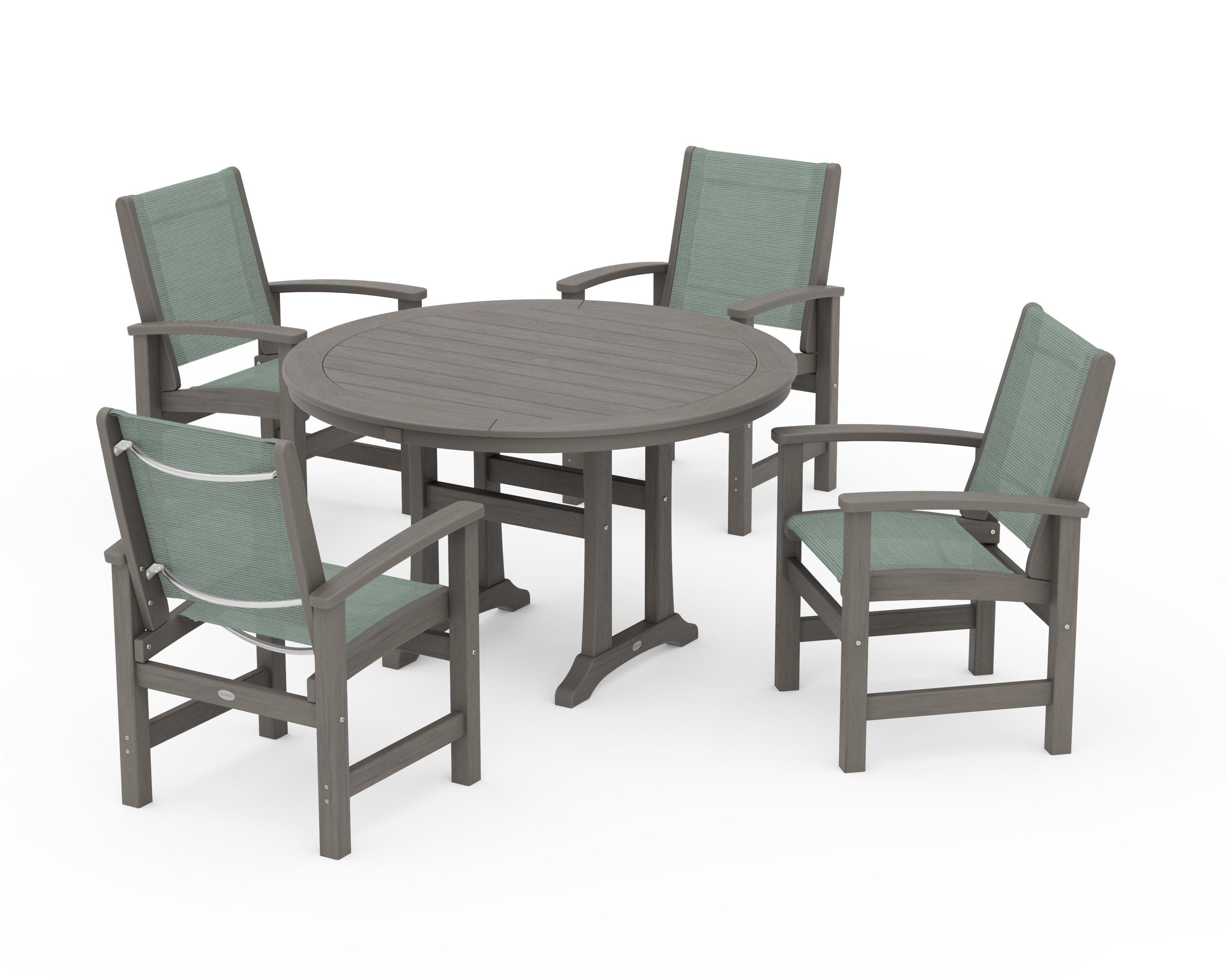 Coastal 5-Piece Round Dining Set with Trestle Legs in Driftwood / Dupioni Sea Mist Sling