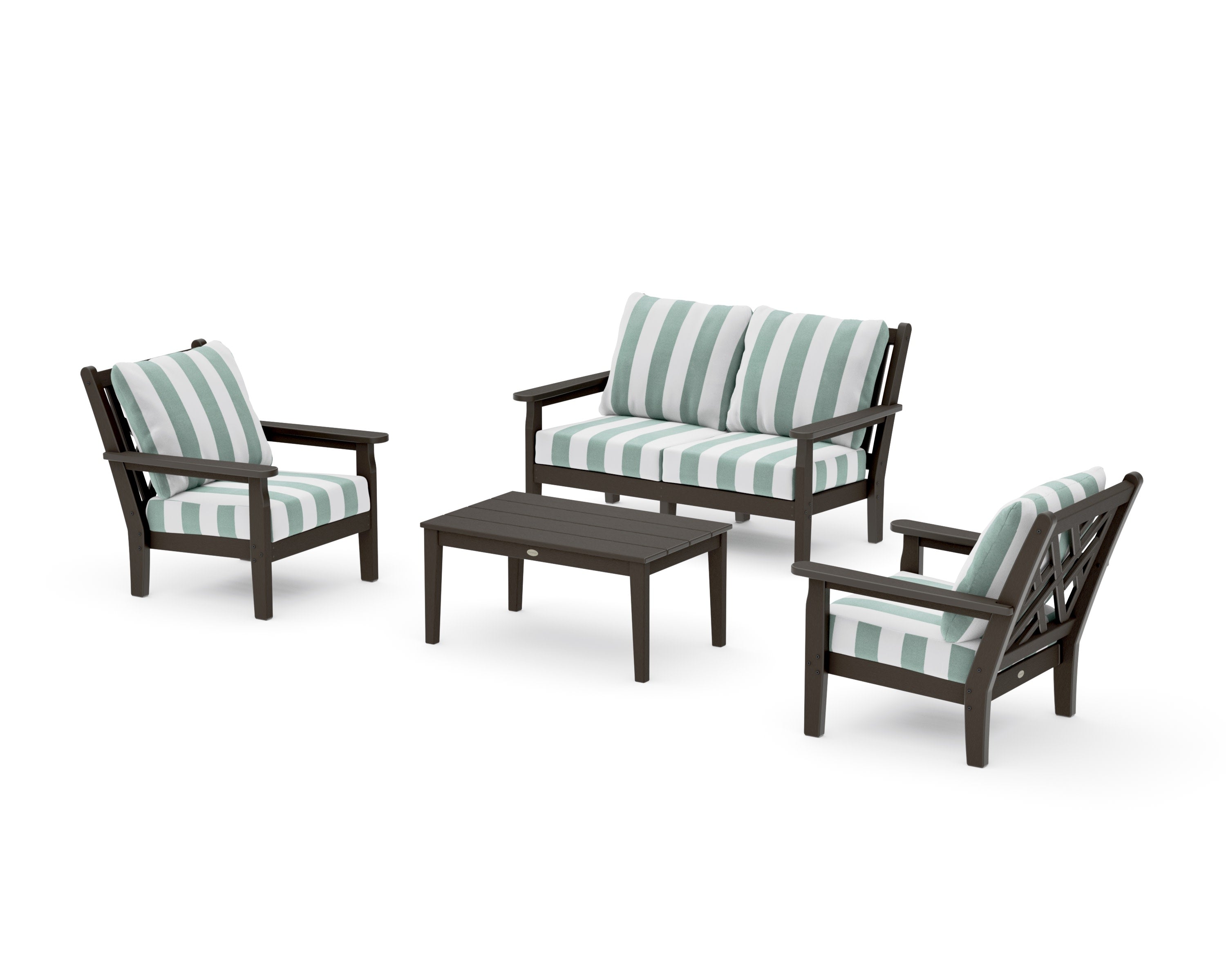 Chippendale 4-Piece Deep Seating Set with Loveseat in Vintage Coffee / Cabana Stripe Glacier Spa
