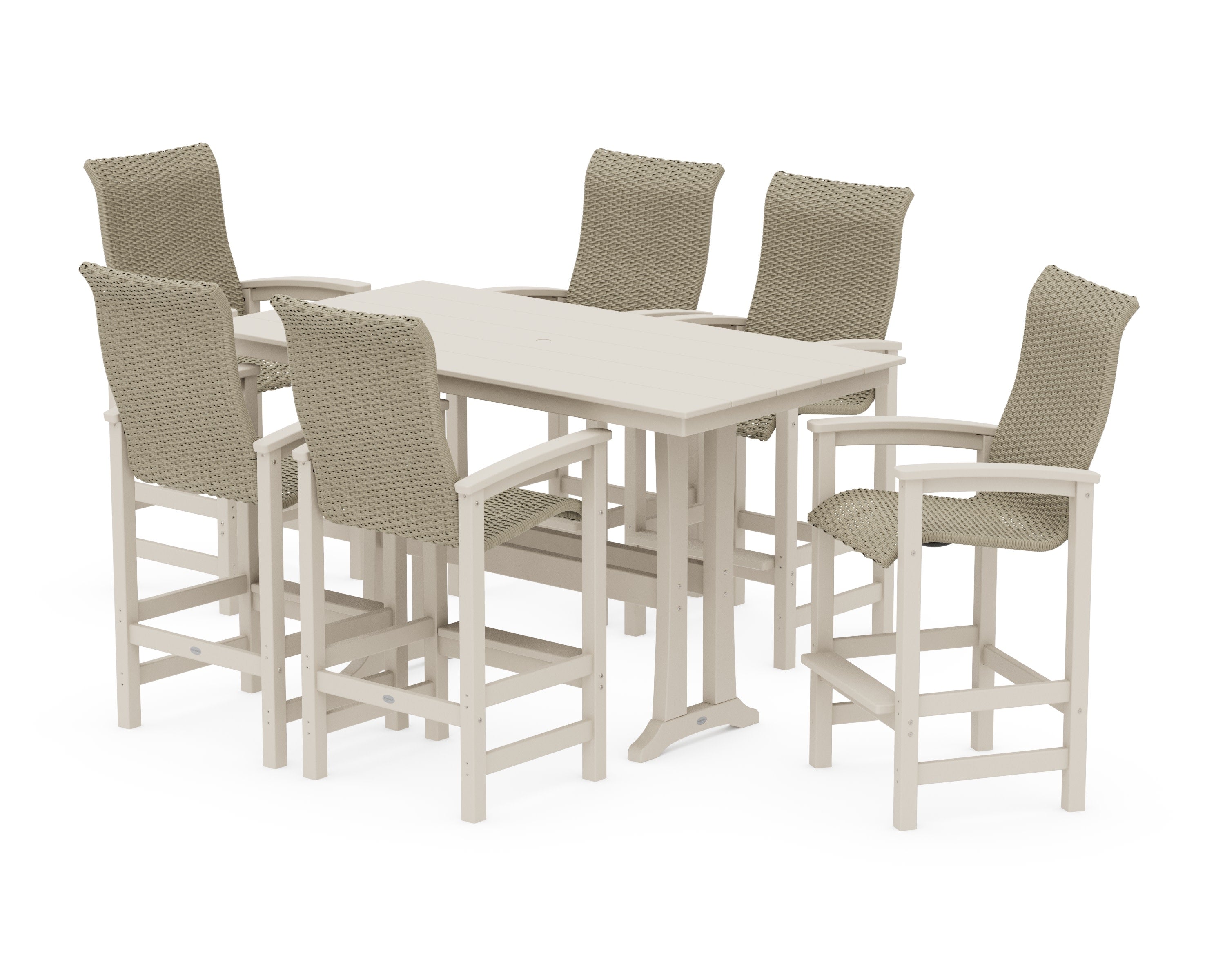 Coastal Woven High-Back Arm Chair 7-Piece Farmhouse Bar Set with Trestle Legs in Sand / Dune Grass