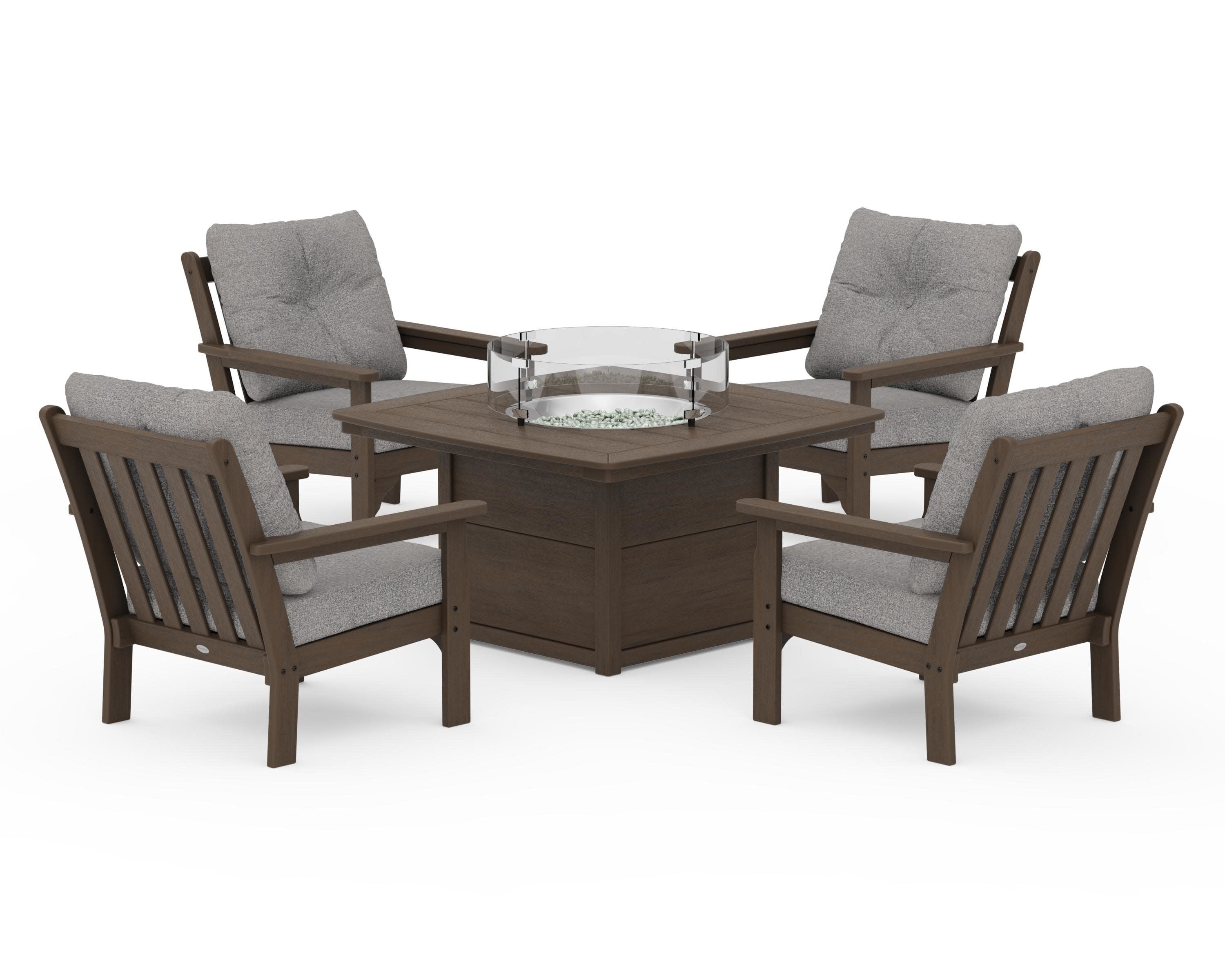 Vineyard 5-Piece Conversation Set with Fire Pit Table in Kona / Grey Mist