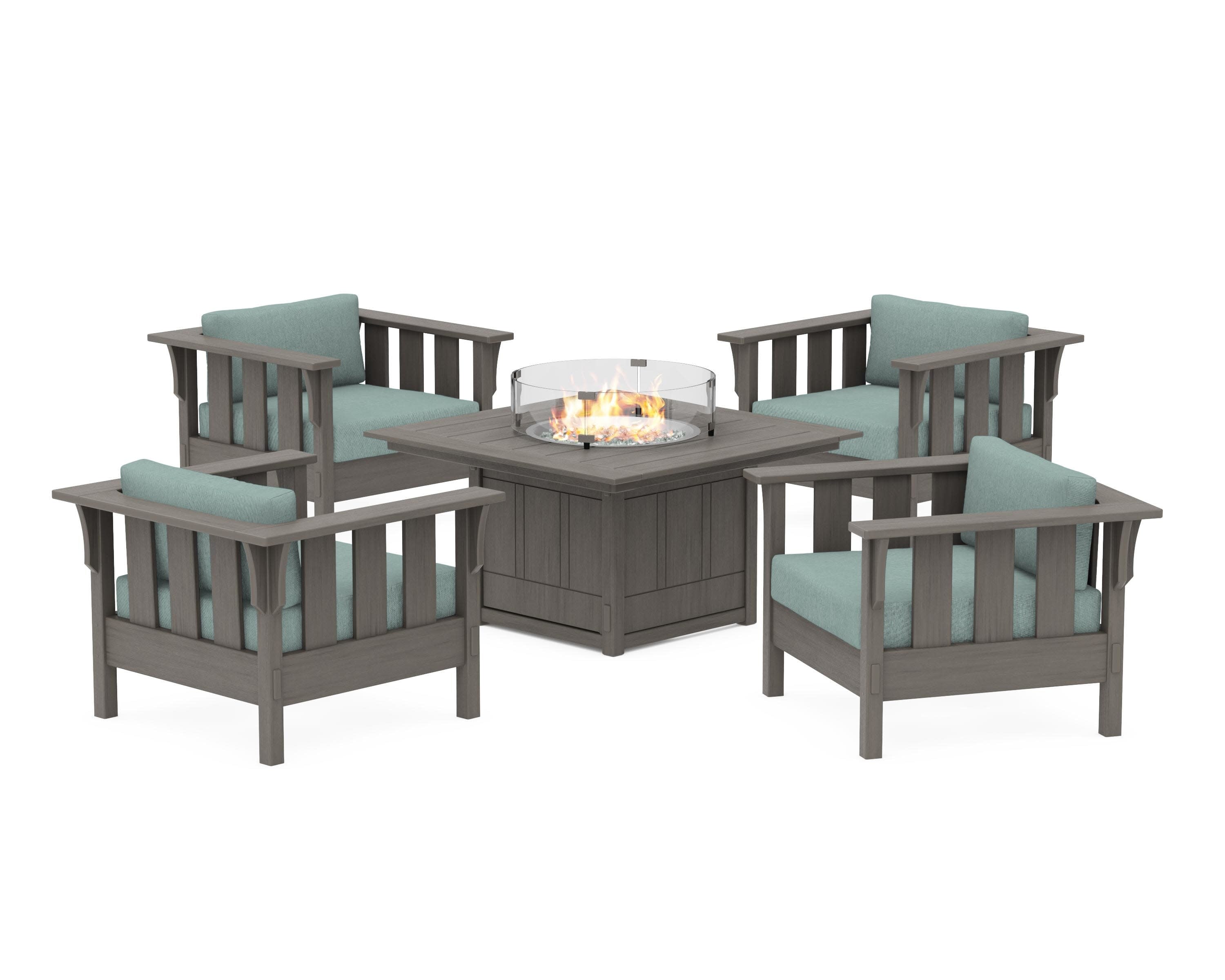 Acadia 5-Piece Deep Seating Set with Fire Pit Table in Driftwood / Glacier Spa