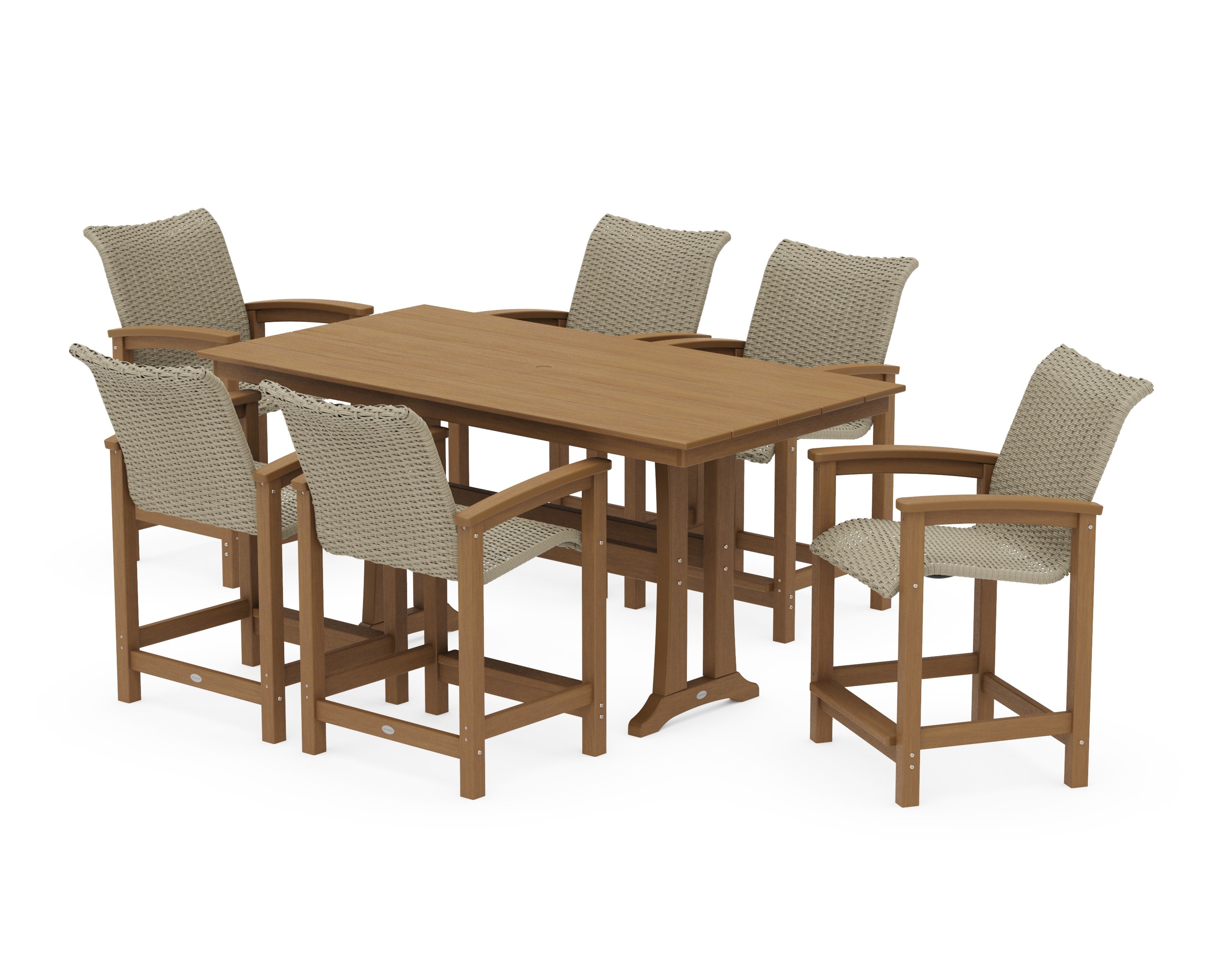 Coastal Woven Arm Chair 7-Piece Farmhouse Counter Set with Trestle Legs in Natural / Dune Grass