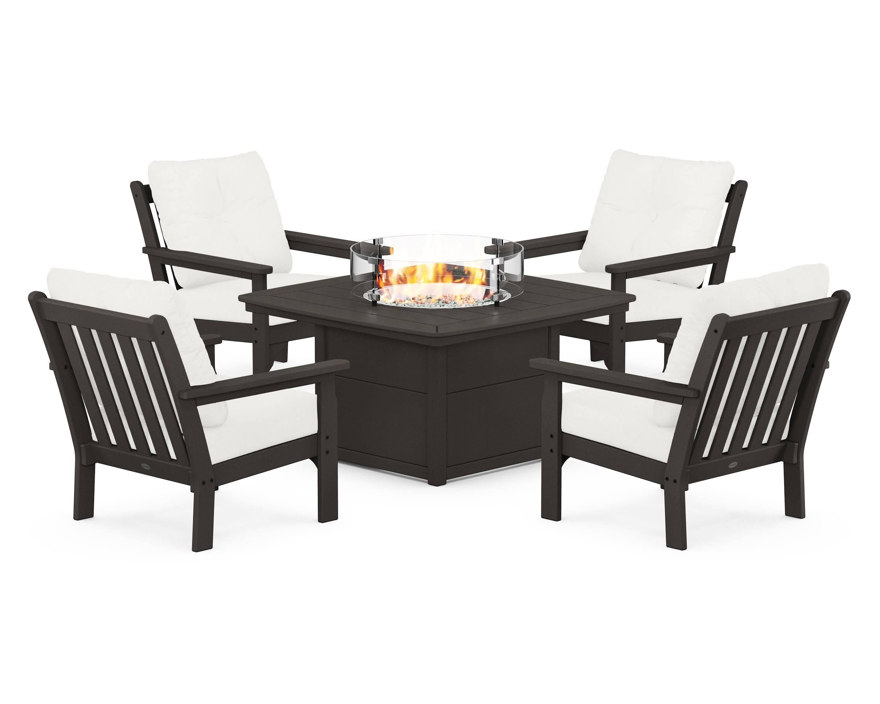 Vineyard 5-Piece Conversation Set with Fire Pit Table in Vintage Coffee / Natural Linen