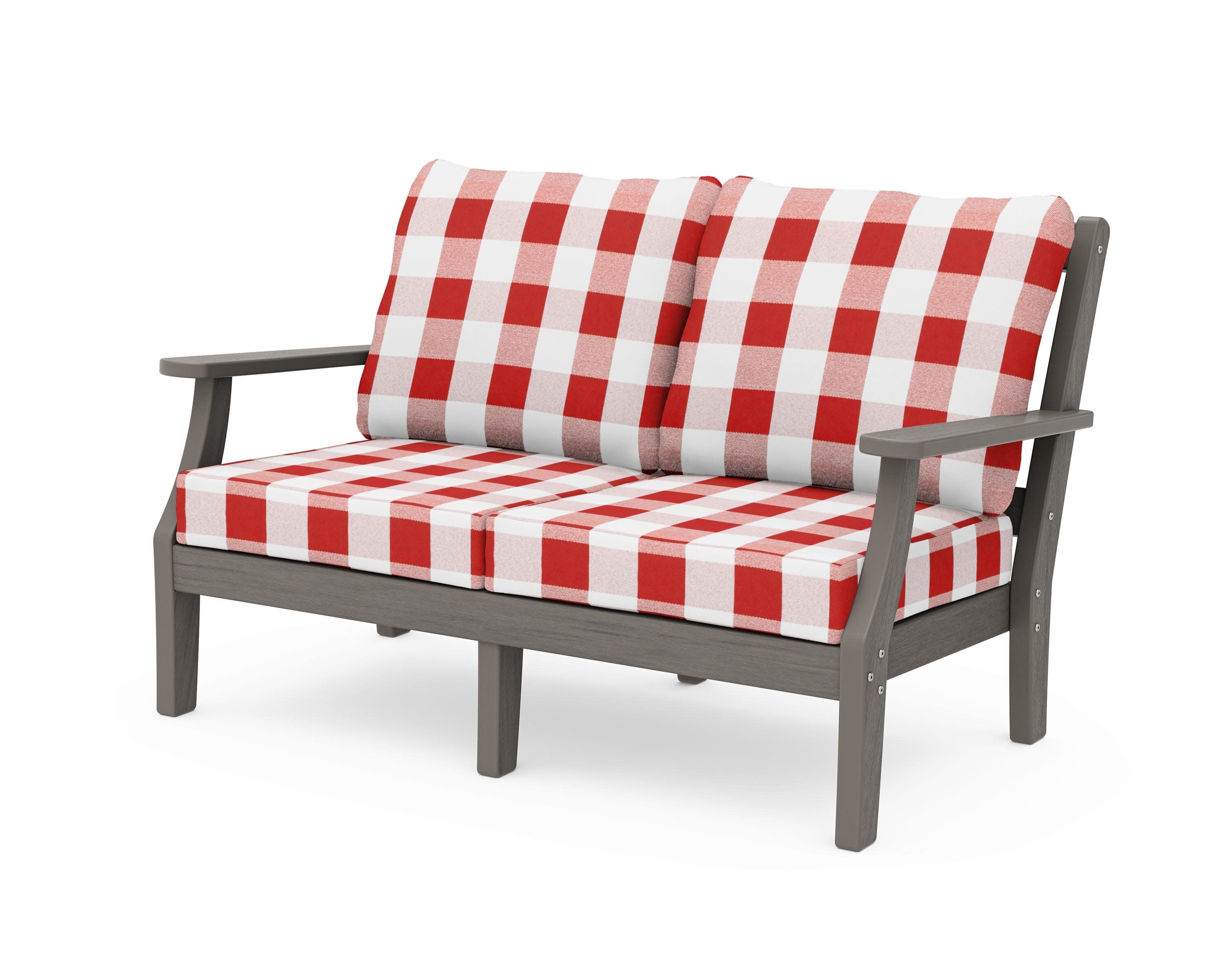 Chinoiserie Deep Seating Loveseat in Driftwood / Buffalo Plaid Crimson