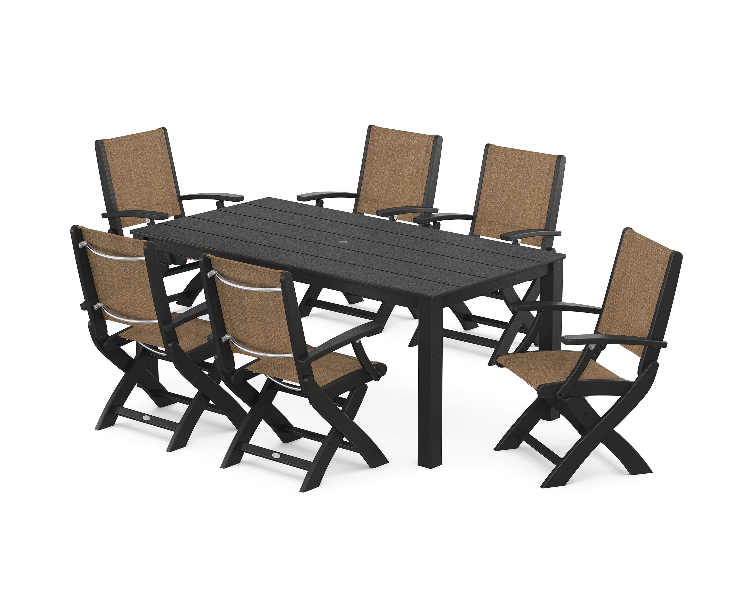 Coastal Folding Chair 7-Piece Parsons Dining Set in Black / Burlap Sling