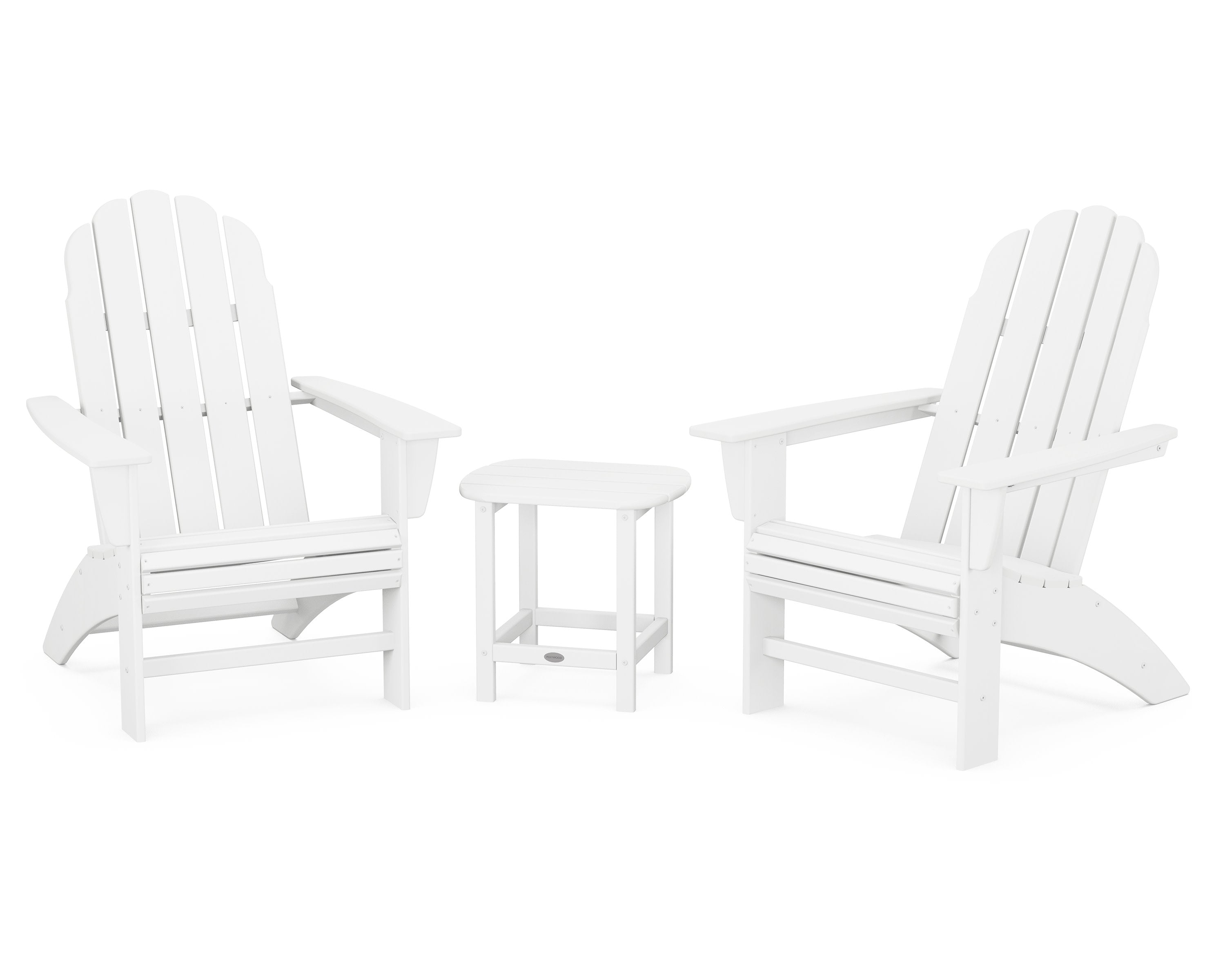 Vineyard 3-Piece Curveback Adirondack Set with South Beach 18" Side Table in White
