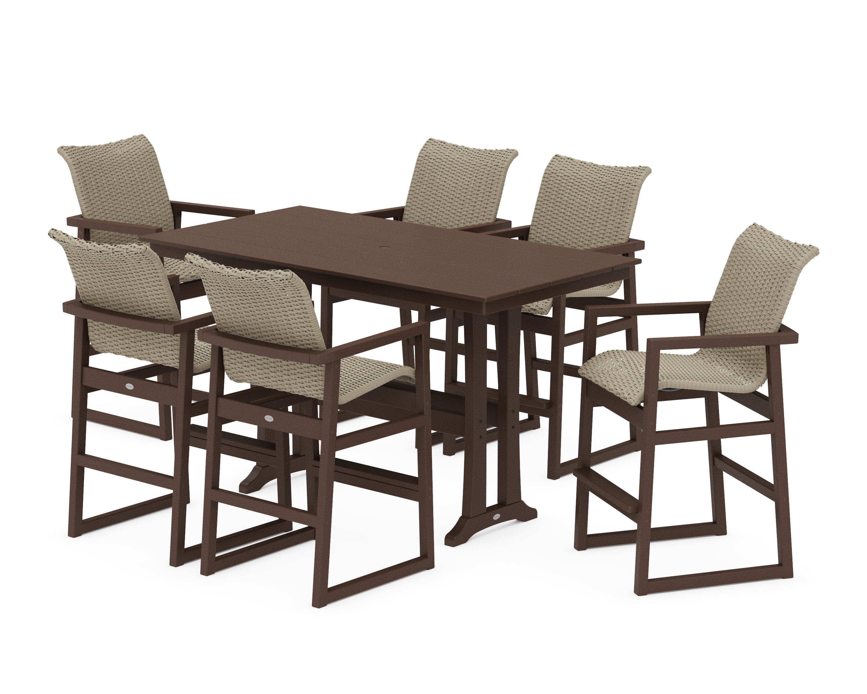 EDGE Woven Arm Chair 7-Piece Farmhouse Bar Set with Trestle Legs in Mahogany / Dune Grass