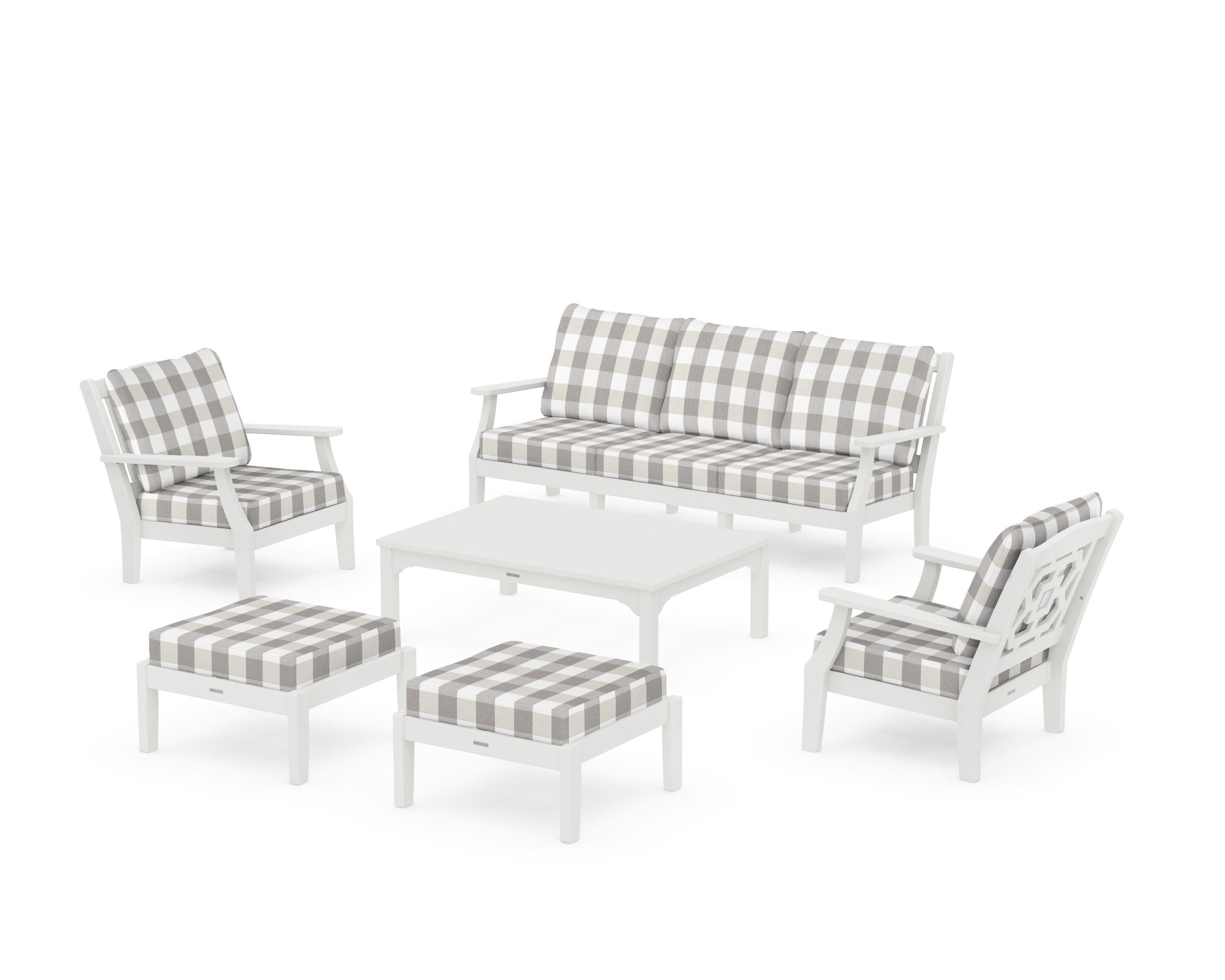 Chinoiserie 6-Piece Lounge Sofa Set in Vintage White / Buffalo Plaid Grey Mist