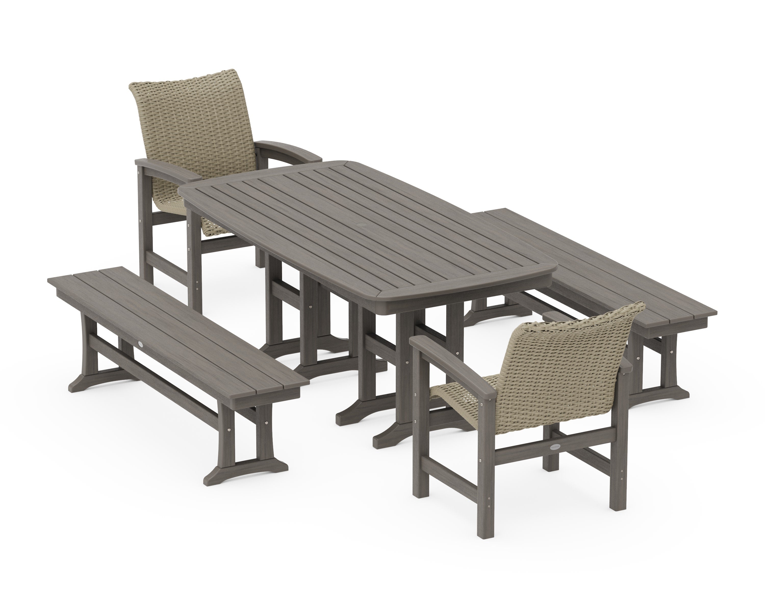 Coastal Woven 5-Piece Dining Set with Benches in Driftwood / Dune Grass