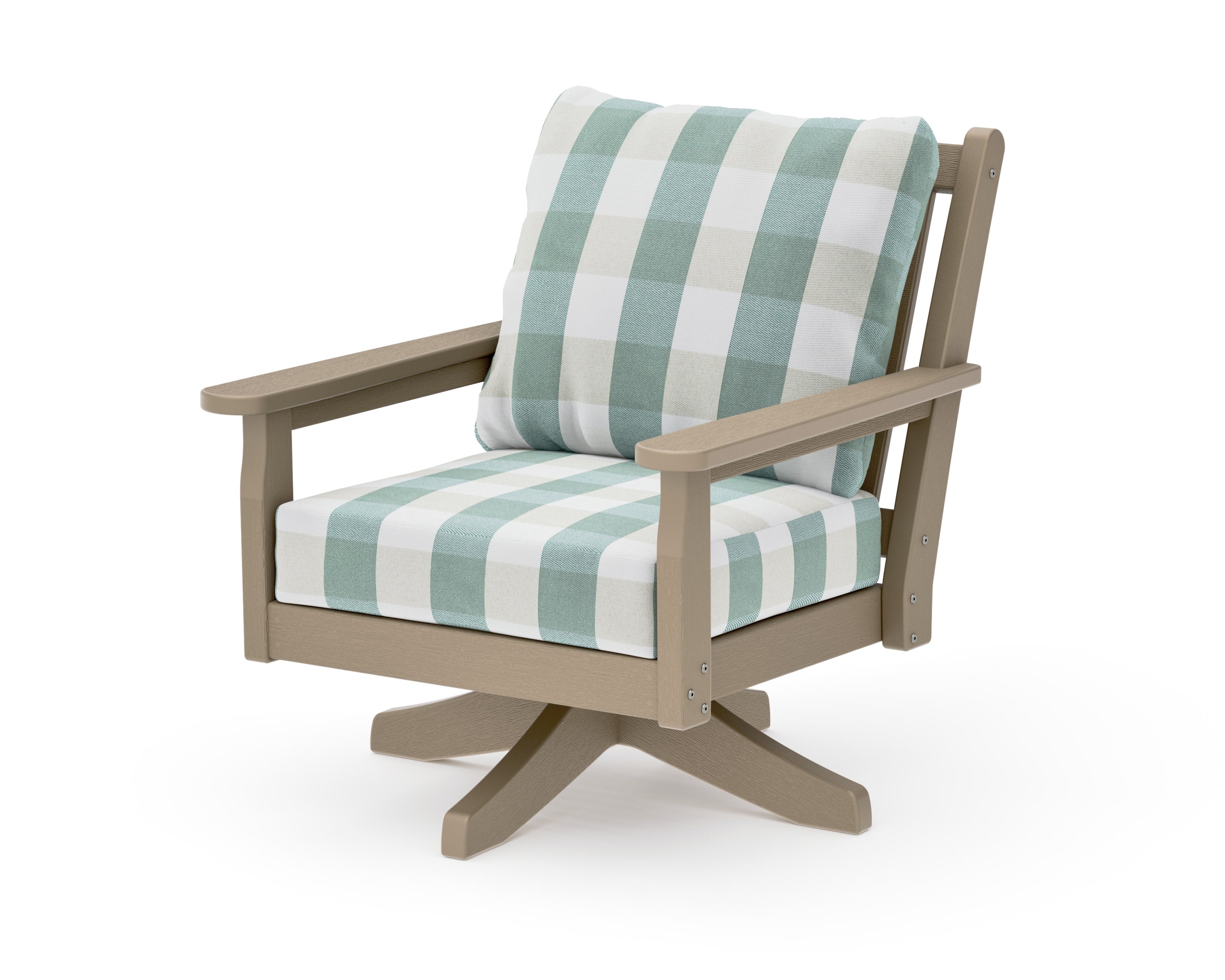 Chippendale Deep Seating Swivel Chair in Vintage Sahara / Buffalo Plaid Glacier Spa