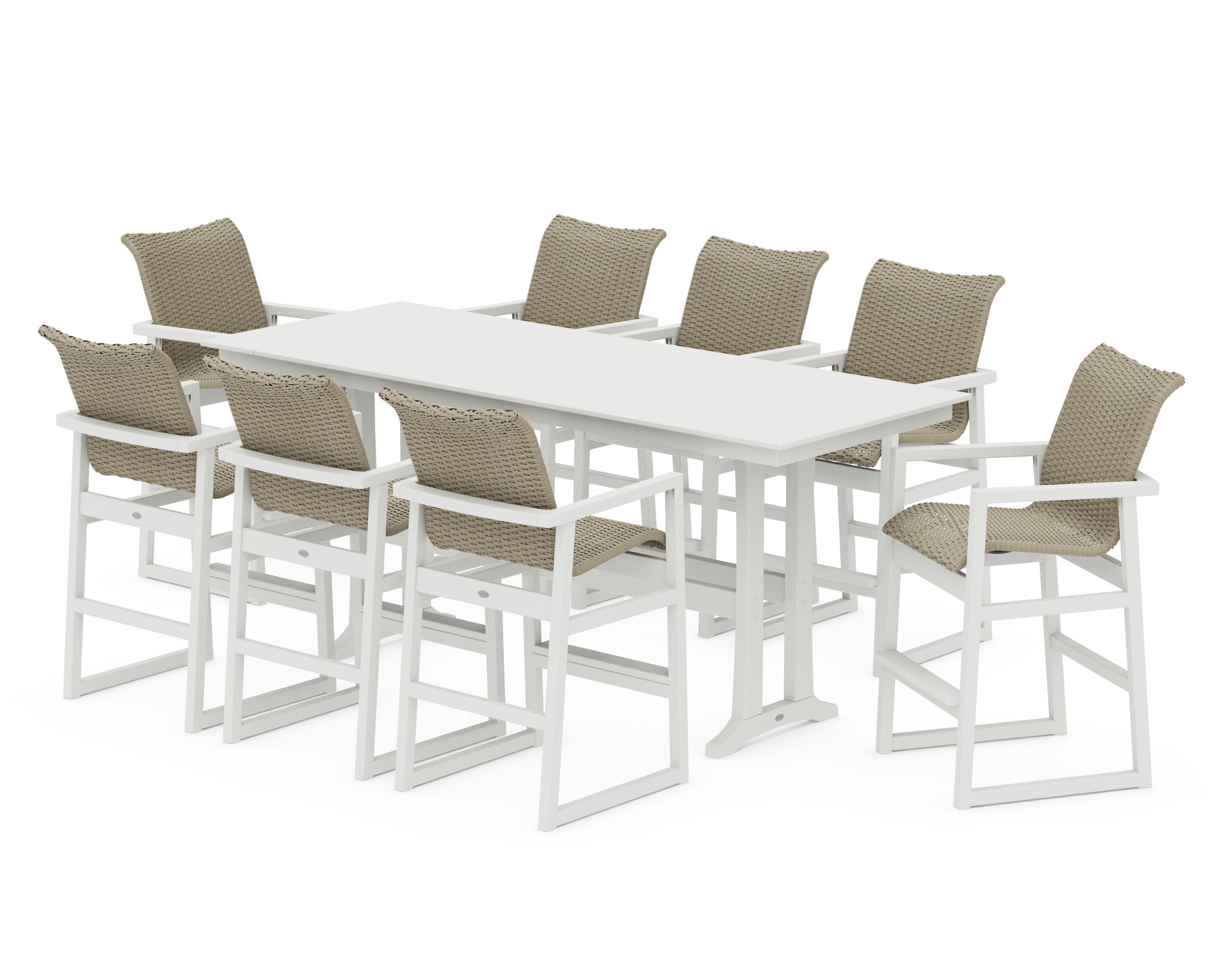 EDGE Woven 9-Piece Farmhouse Bar Set with Trestle Legs in Vintage White / Dune Grass
