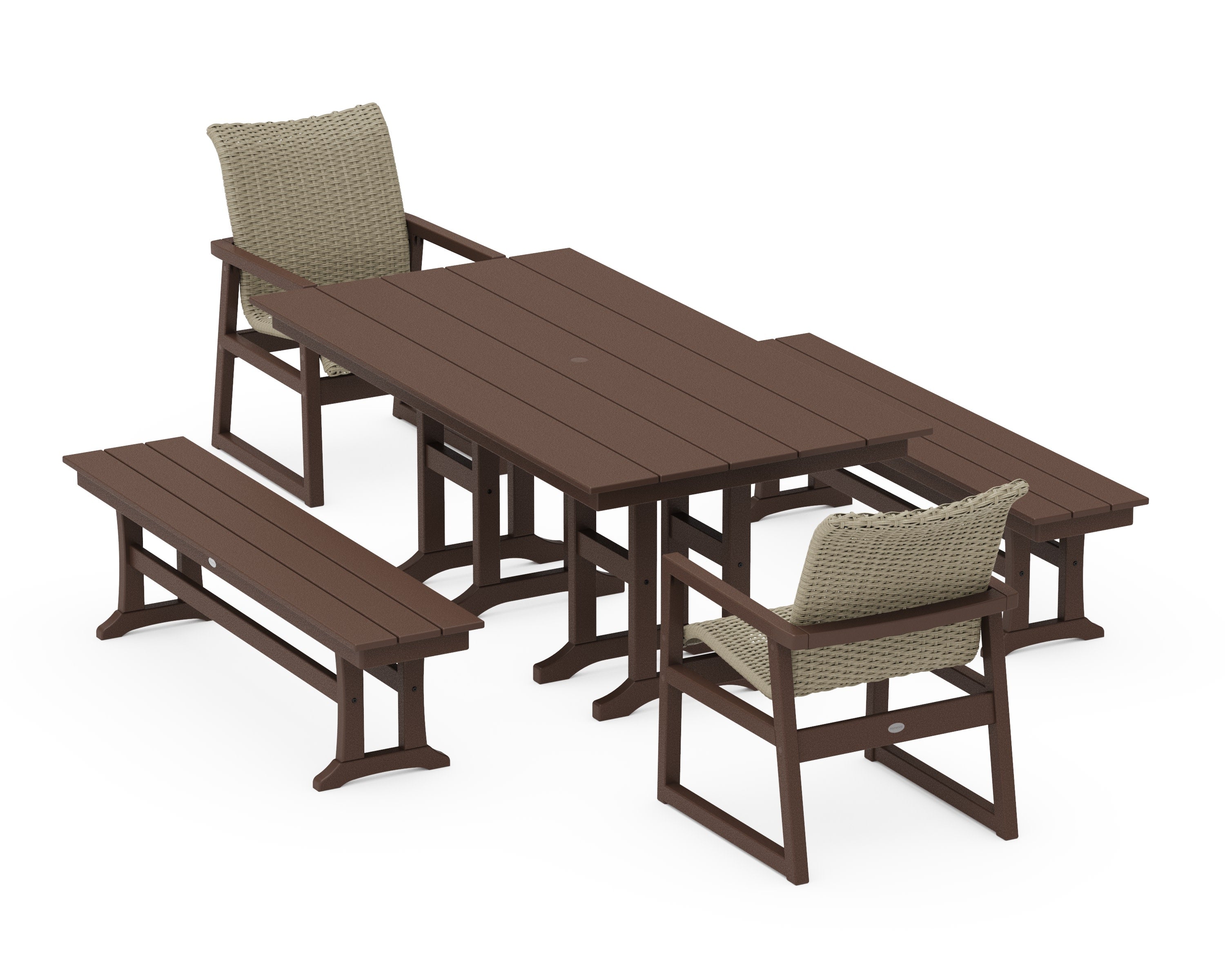 EDGE Woven 5-Piece Farmhouse Dining Set with Benches in Mahogany / Dune Grass
