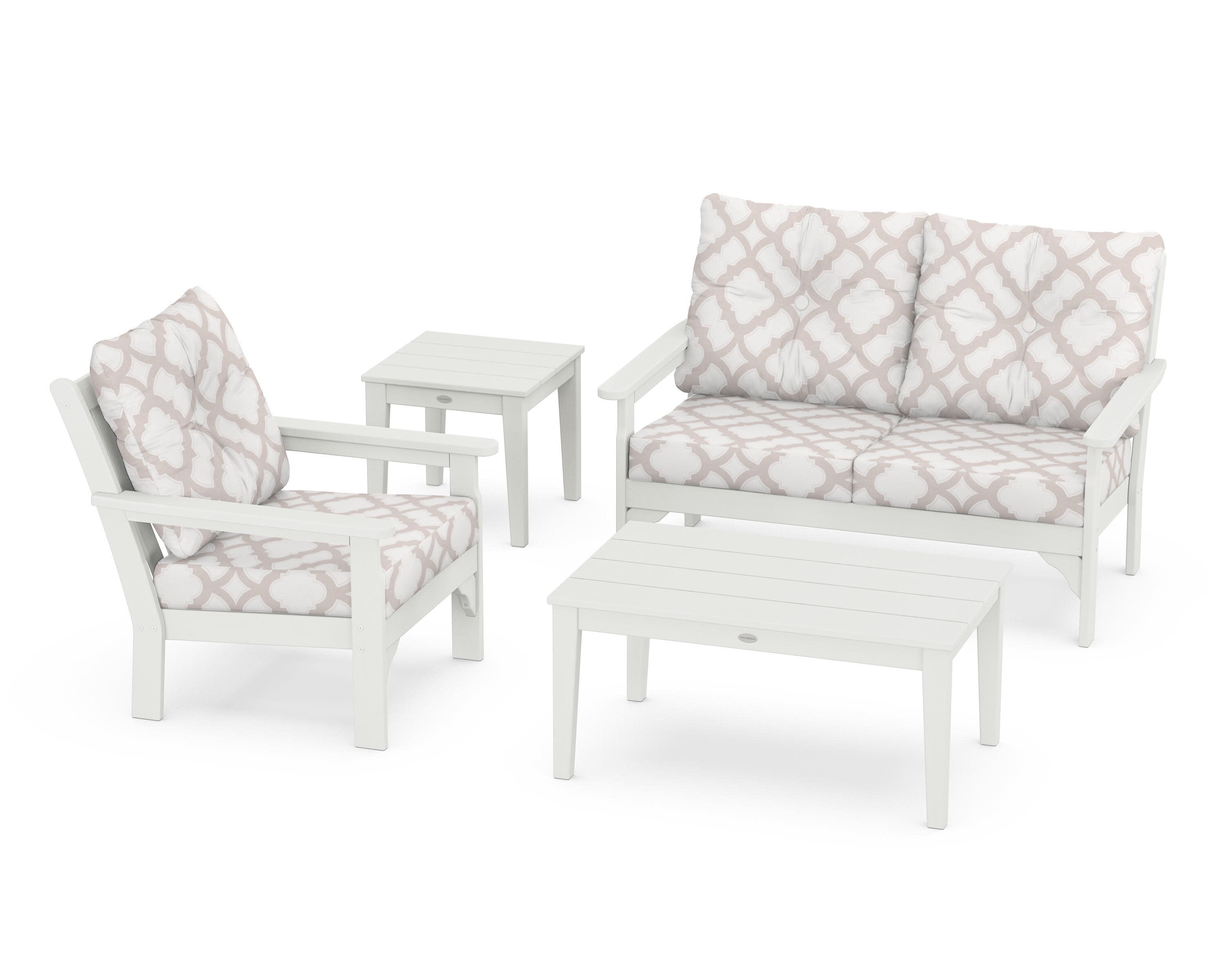 Vineyard 4-Piece Deep Seating Set in Vintage White / Trellis Dune Burlap