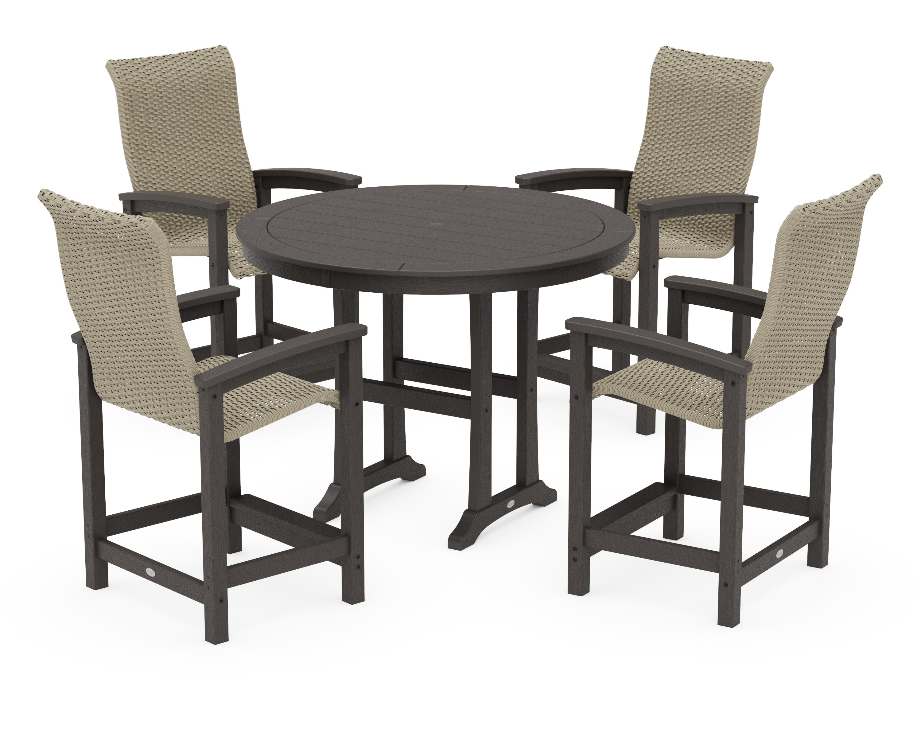Coastal Woven High-Back 5-Piece Round Counter Set in Vintage Coffee / Dune Grass
