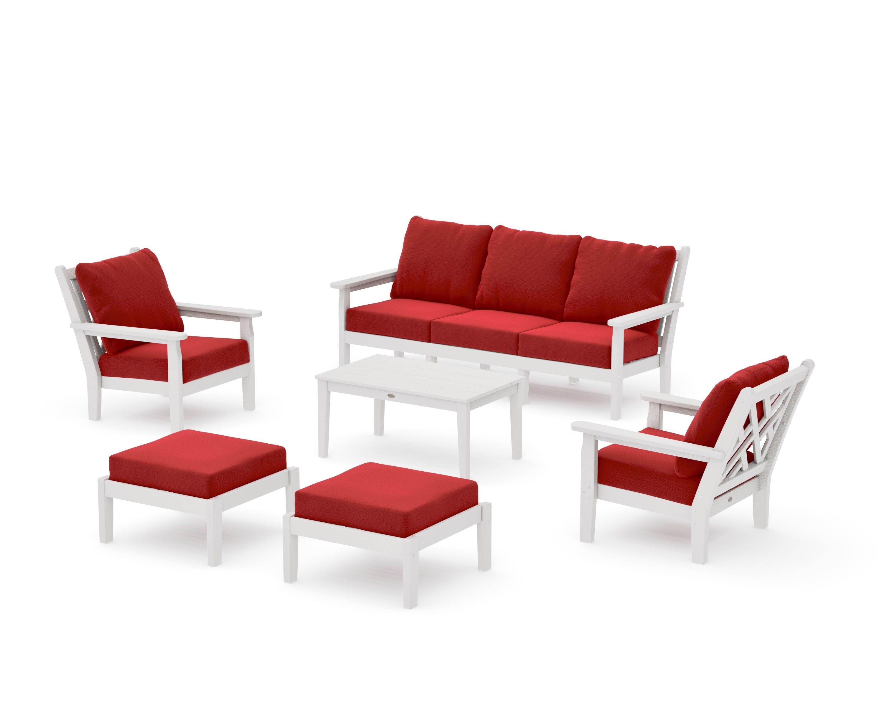 Chippendale 6-Piece Lounge Sofa Set in Vintage White / Crimson Linen