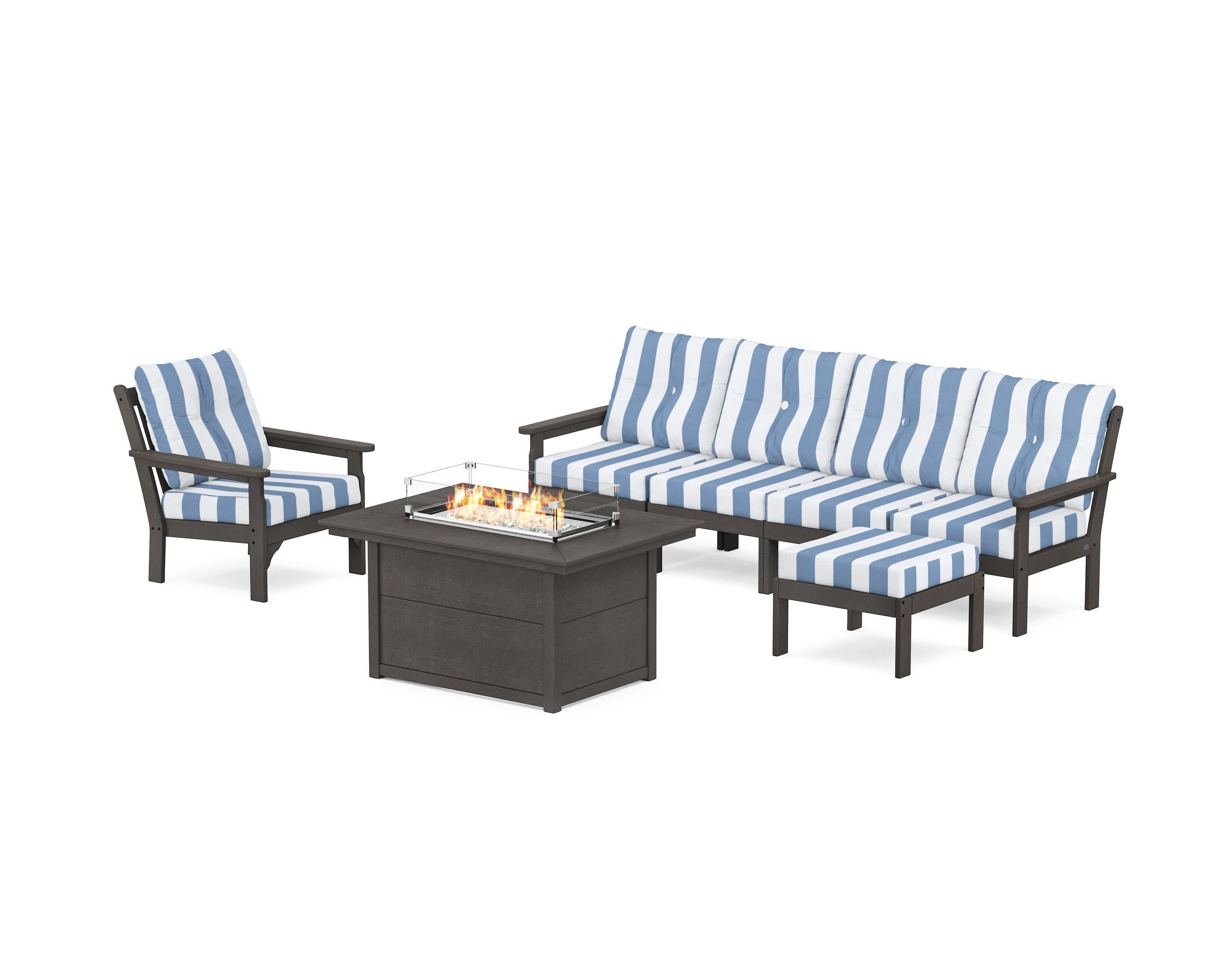 Vineyard Sectional Lounge and Fire Pit Set in Vintage Coffee / Cabana Stripe Sky Blue